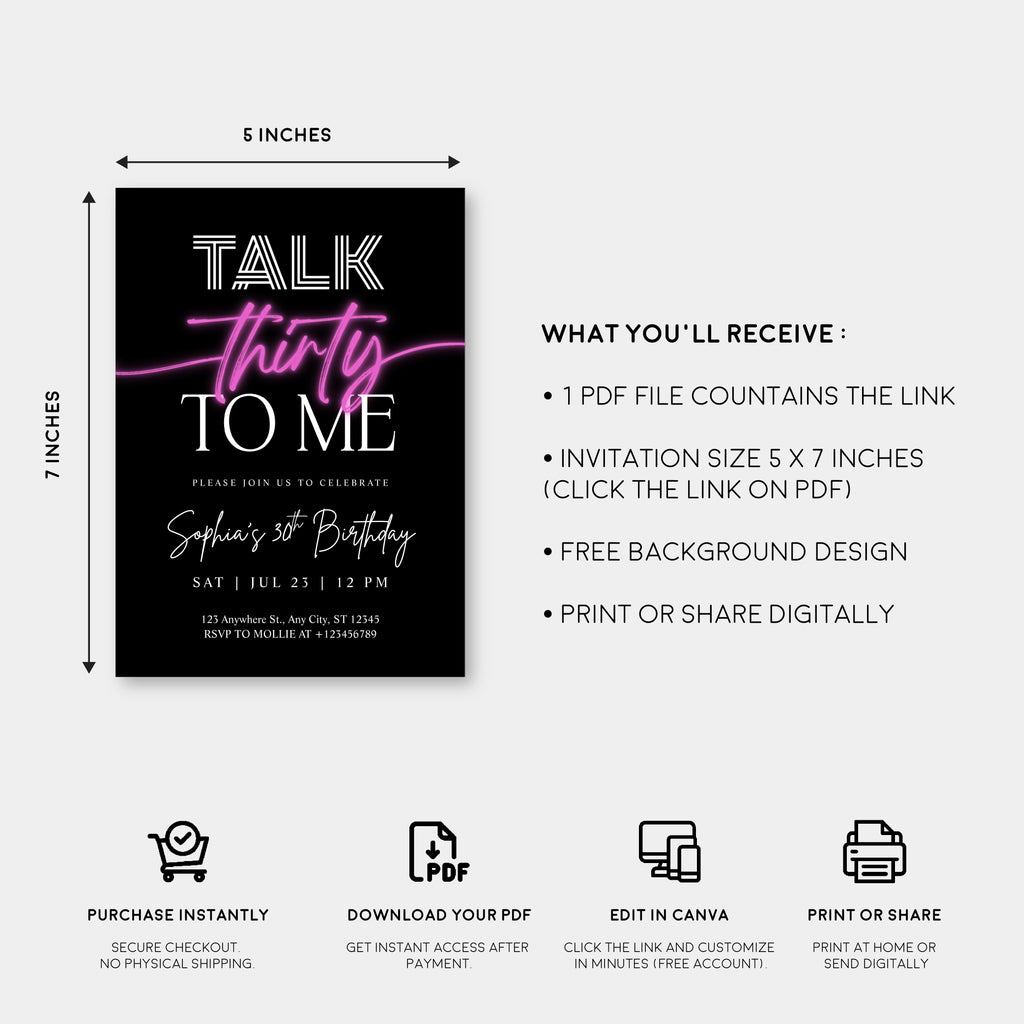 Talk 30 To Me 30th Birthday Invitation Template | Pink Neon Thirty Party Invite | Editable & Instant Download