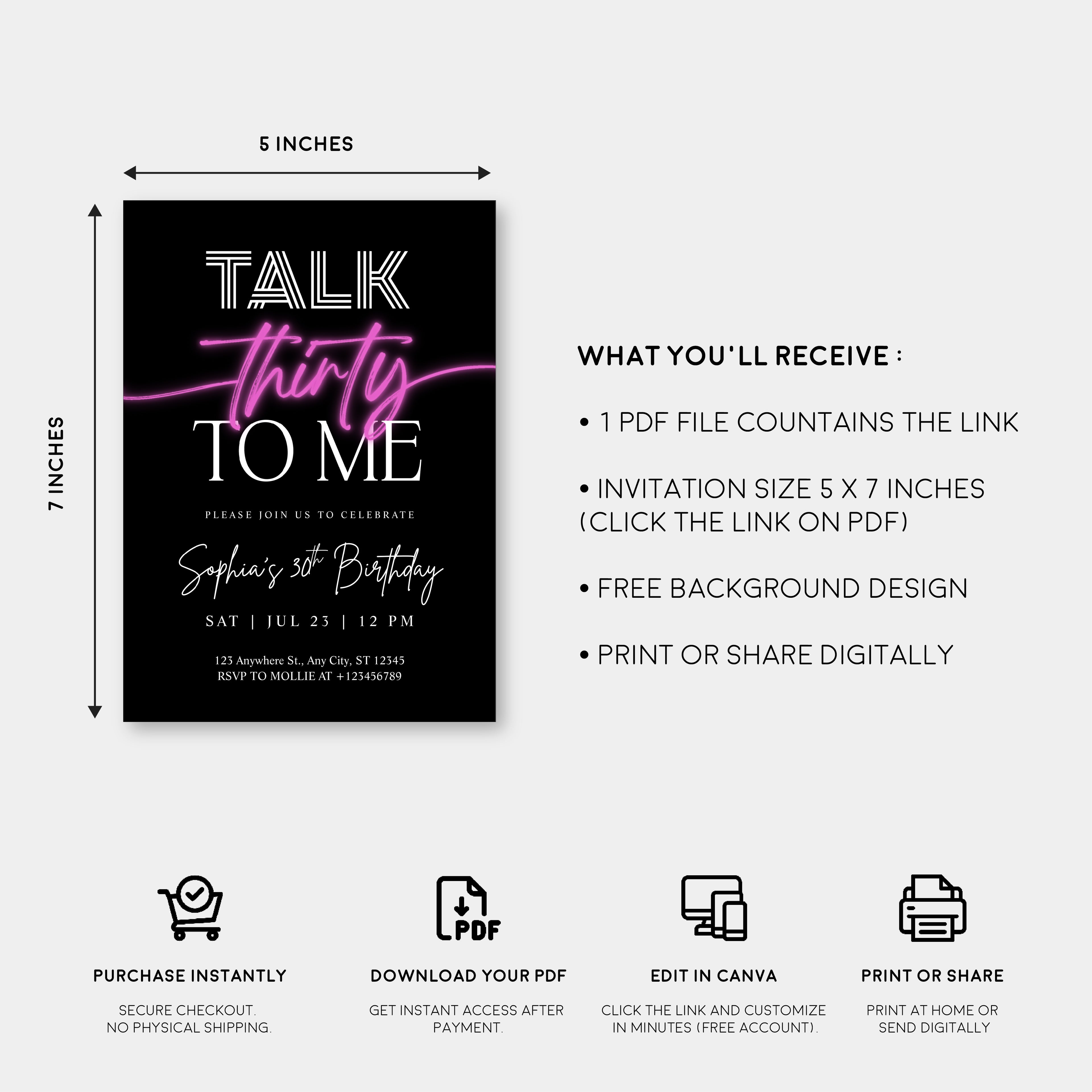 Talk 30 To Me 30th Birthday Invitation Template | Pink Neon Thirty Party Invite | Editable & Instant Download