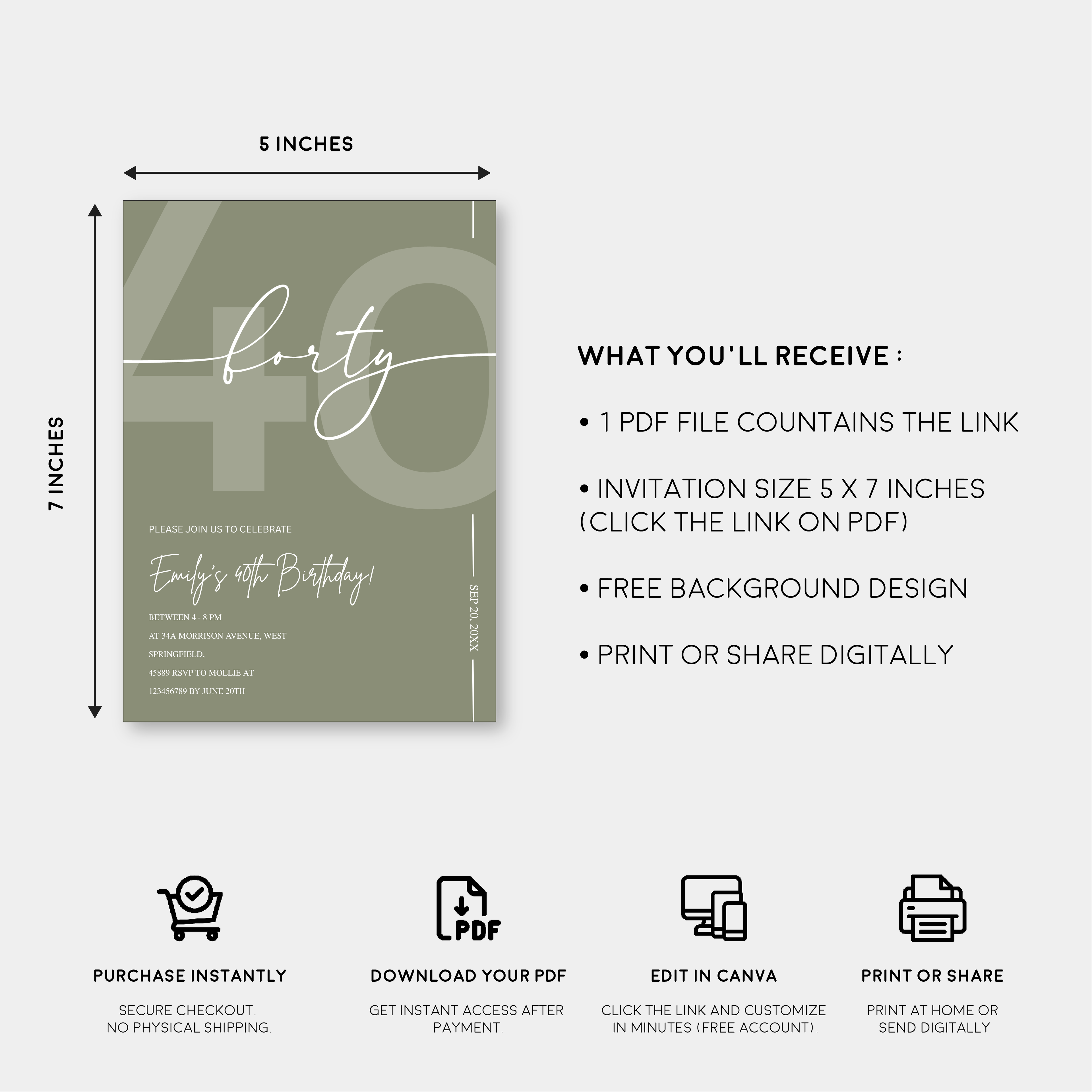 Elegant Sage Green 40th Birthday Invitation Template | Minimalist Forty Milestone Party Invite | Editable & Instant Download