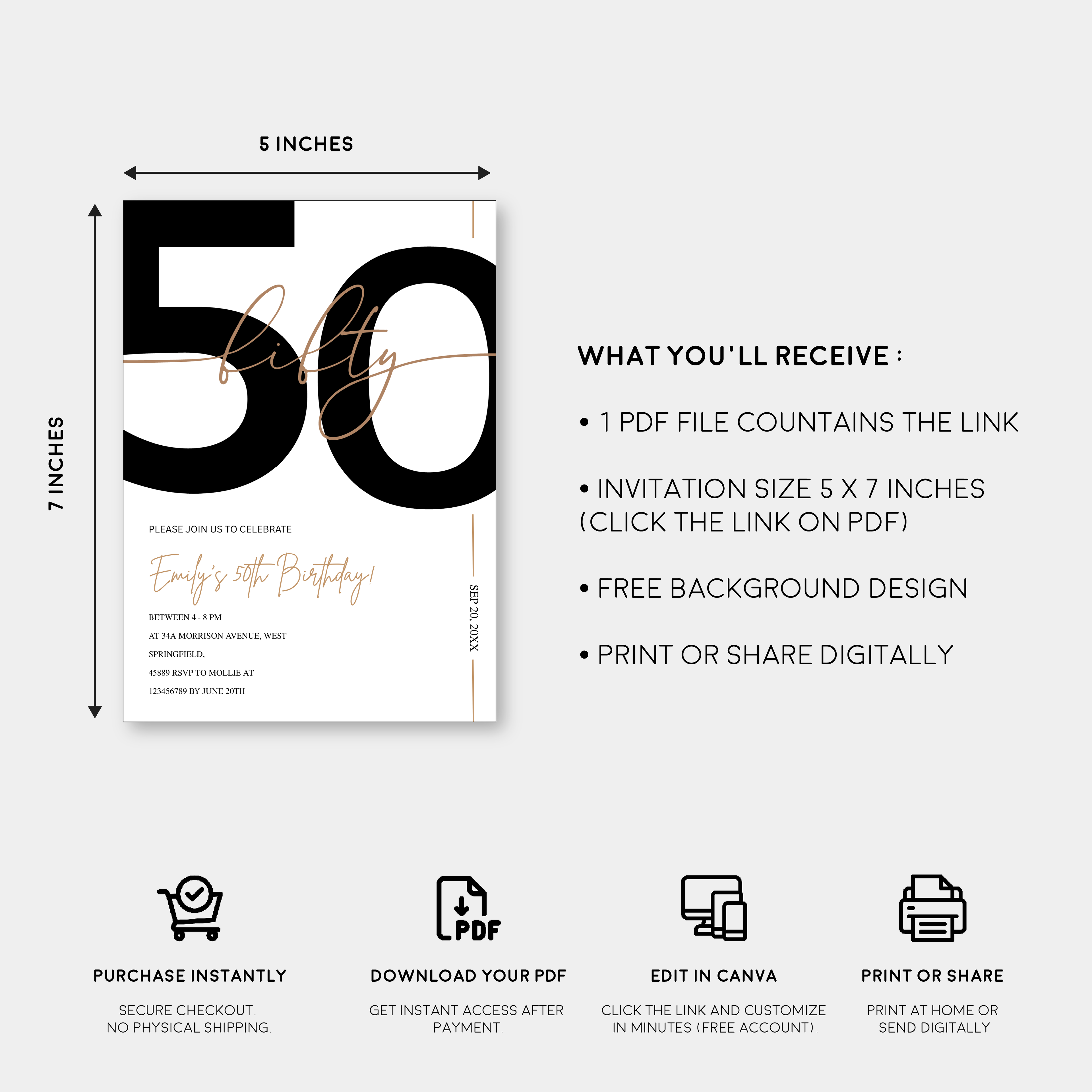 Modern Minimalist White & Gold 50th Birthday Party Invitation – Editable Canva Template