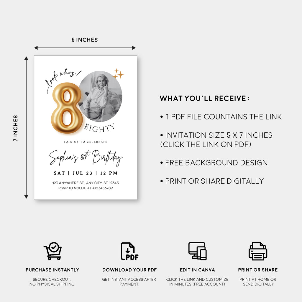 Modern Minimalist 80th Birthday Gold Balloon Photo Invitation Template | Elegant Milestone Party Invite | Editable & Instant Download