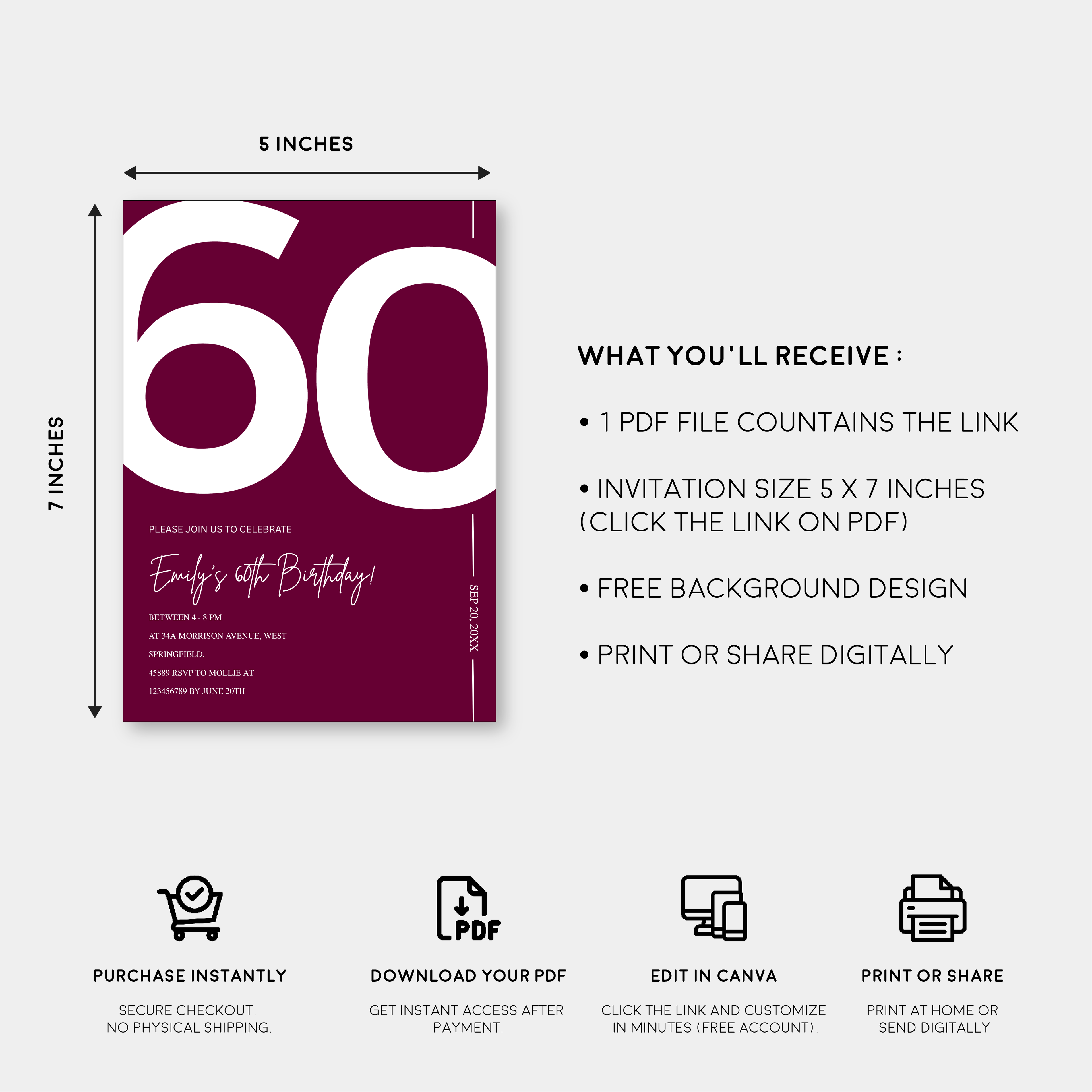 Elegant Burgundy 60th Birthday Invitation Template | Chic Sixty Milestone Party Invite | Editable & Instant Download