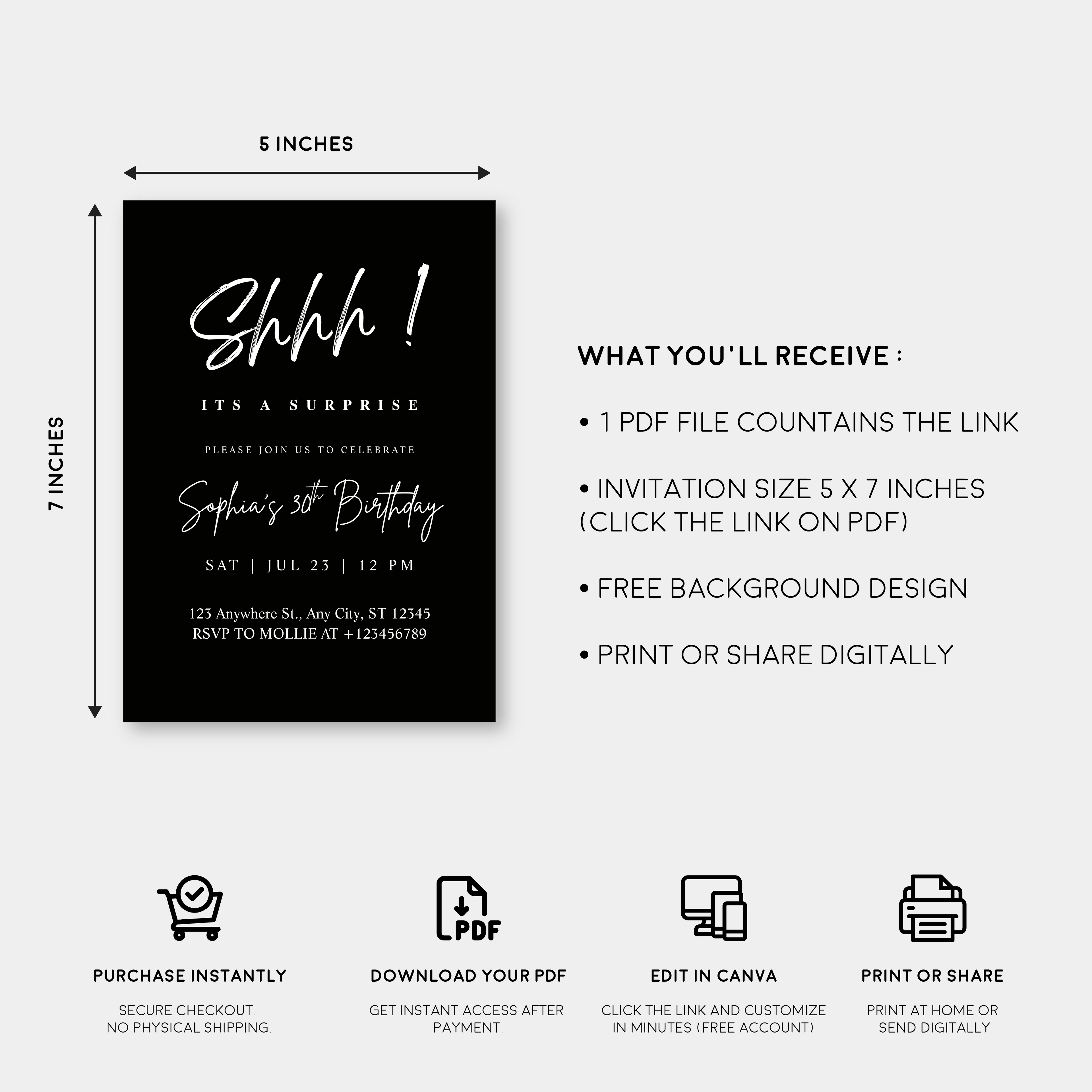 Elegant White Calligraphy Surprise Party Invitation – Editable Canva Template