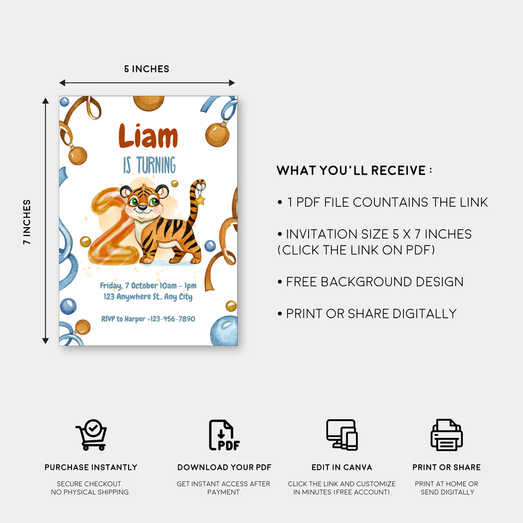 Wild & Cute Tiger 2nd Birthday Invitation – Editable Canva Template
