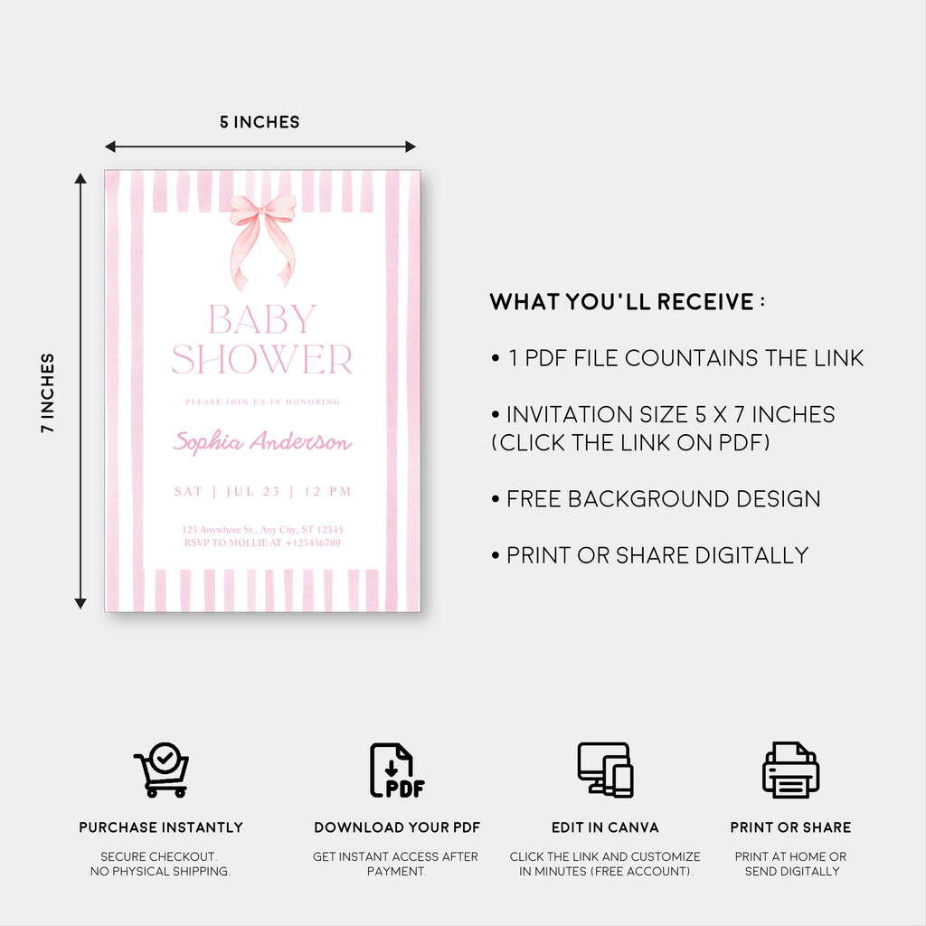 Editable Pink Striped Bow Baby Shower Invitation Template | Coquette Baby Shower Invite | Edit in Canva – Instant Download