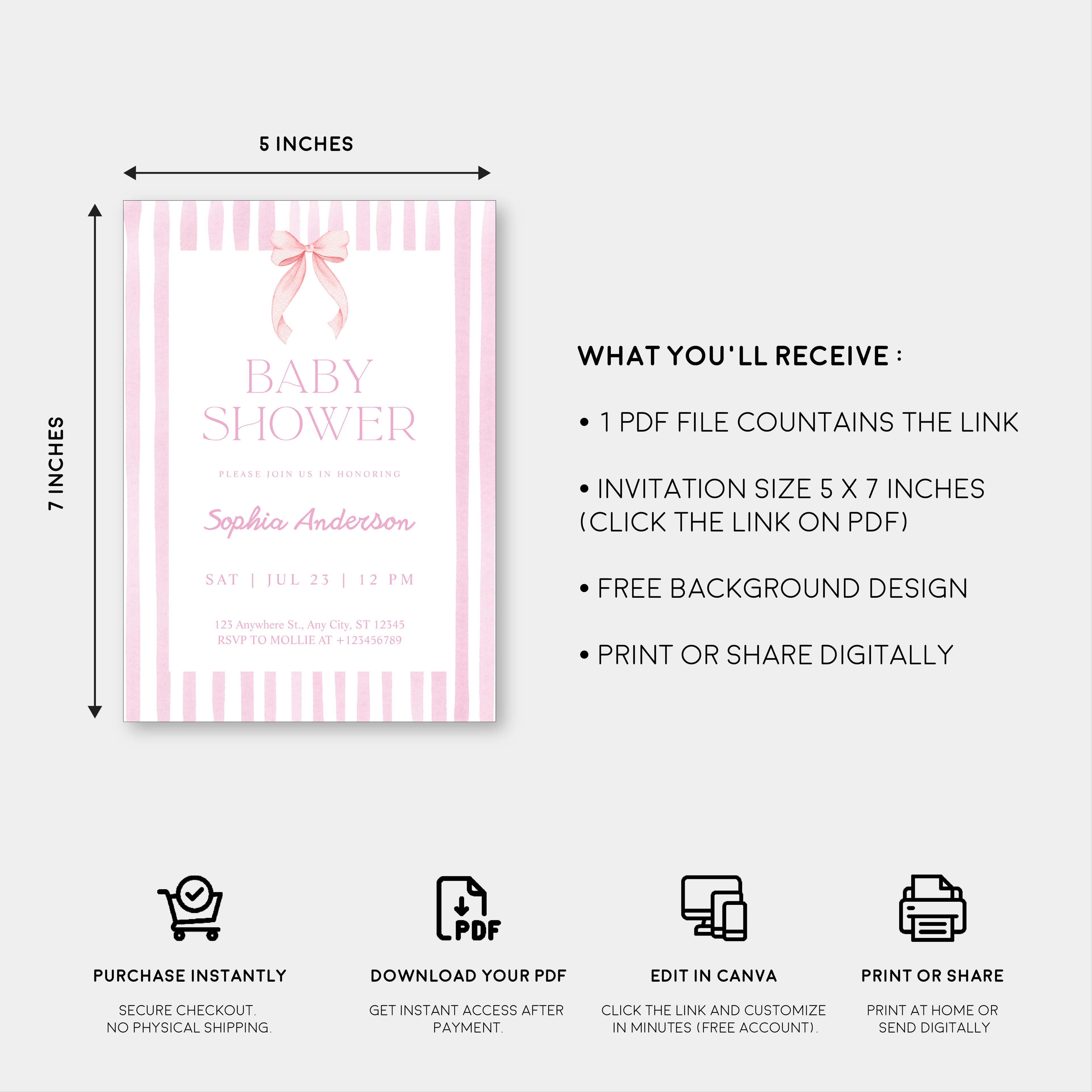 Editable Pink Striped Bow Baby Shower Invitation Template | Coquette Baby Shower Invite | Edit in Canva – Instant Download