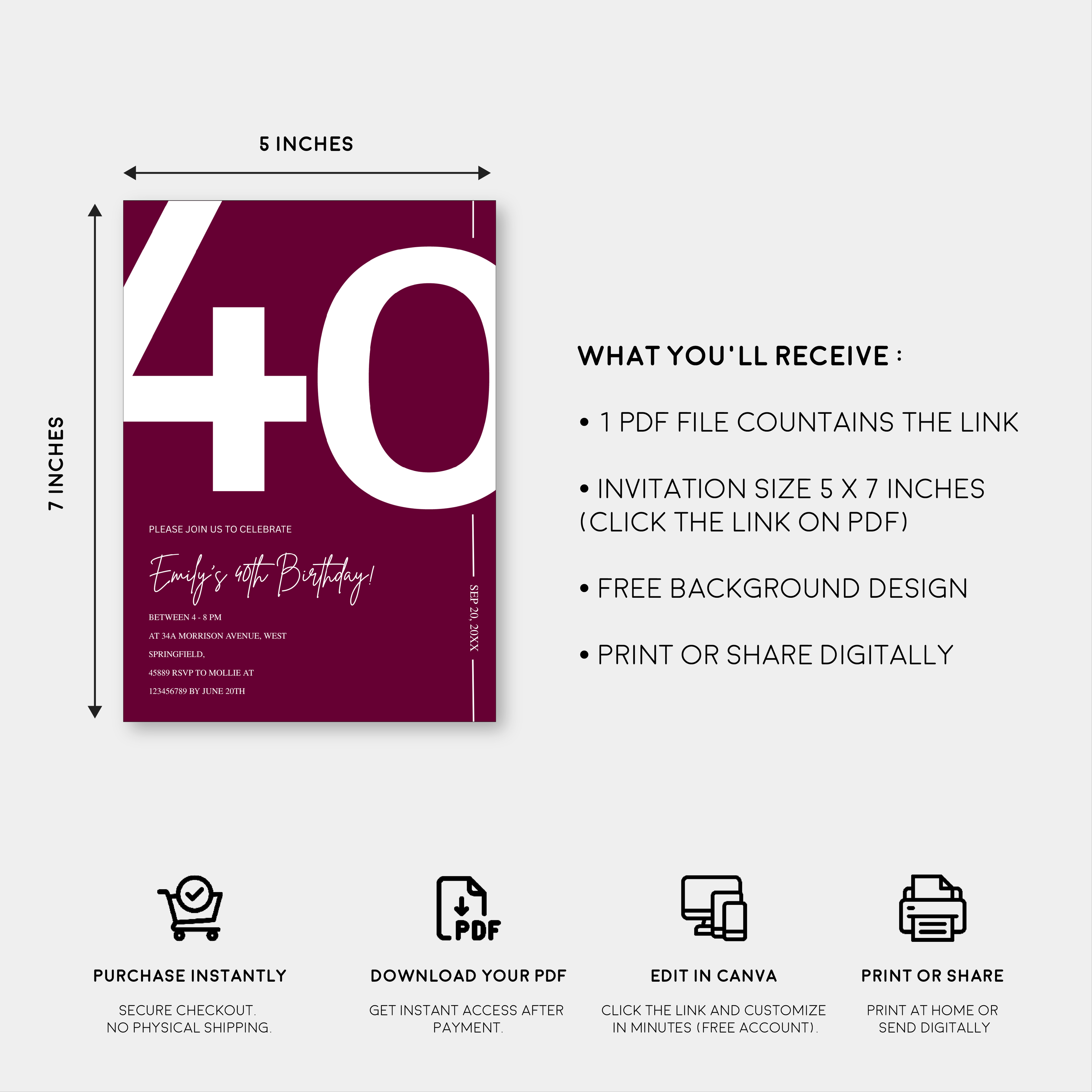 Elegant Burgundy 40th Birthday Invitation Template | Chic Forty Milestone Party Invite | Editable & Instant Download