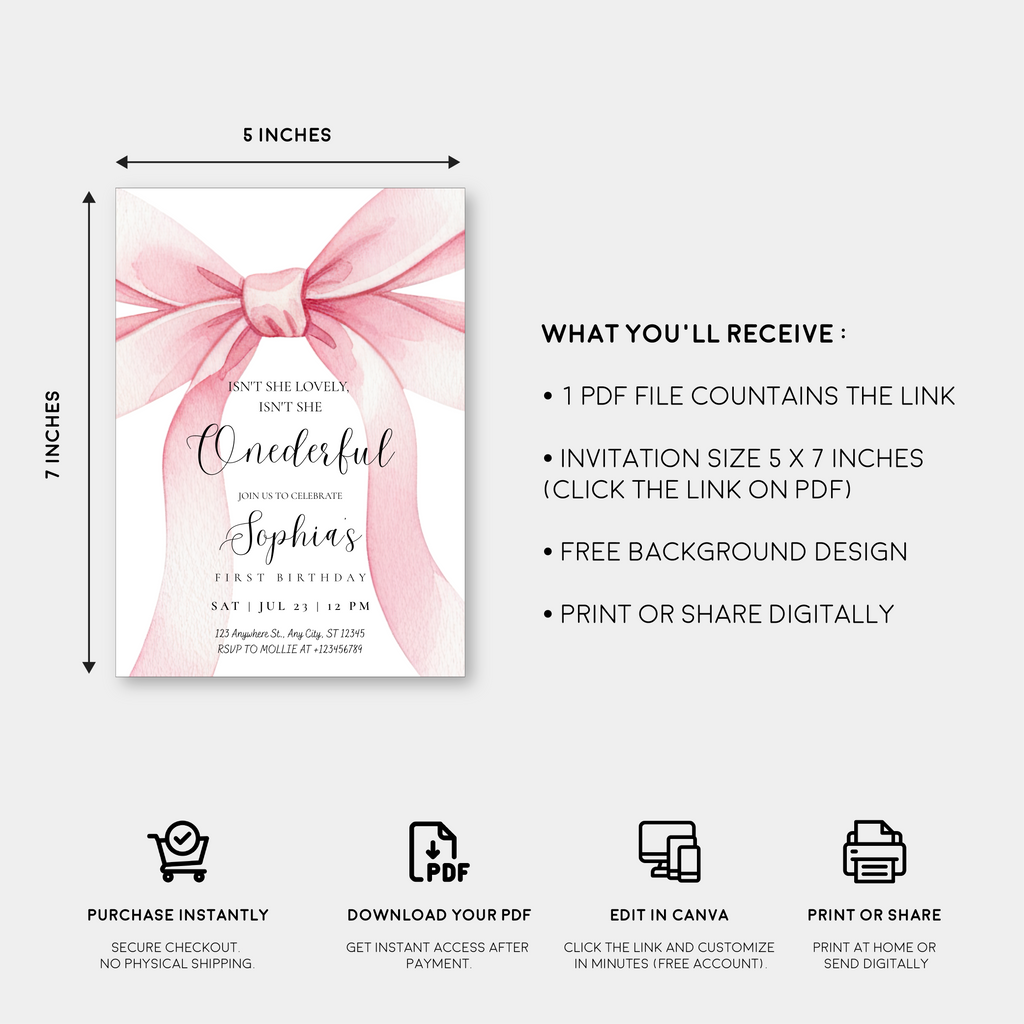 Pink Bow Onederful First Birthday Invitation – Editable Canva Template