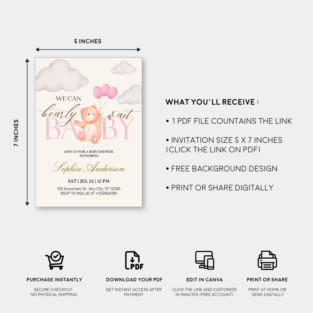 We Can Bearly Wait Pink Teddy Bear Baby Shower Invitation – Editable Canva Template