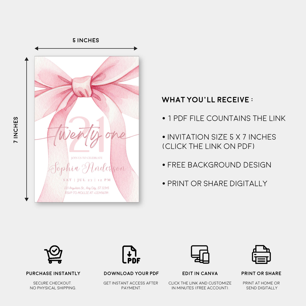 Blush Pink Bow 21 Invitation Template | Editable 21st Birthday Party Invite | Canva Instant Download