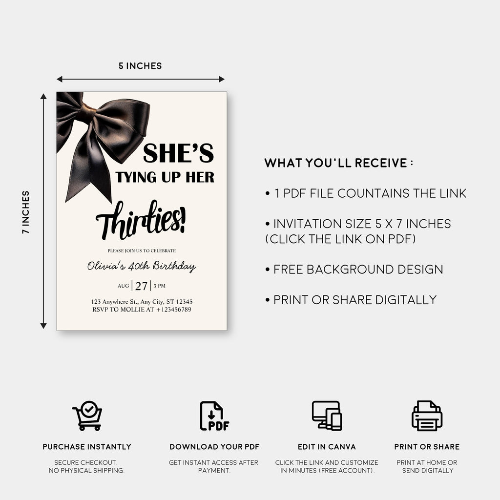 Elegant Black Bow Birthday Invitation – Editable Canva Template