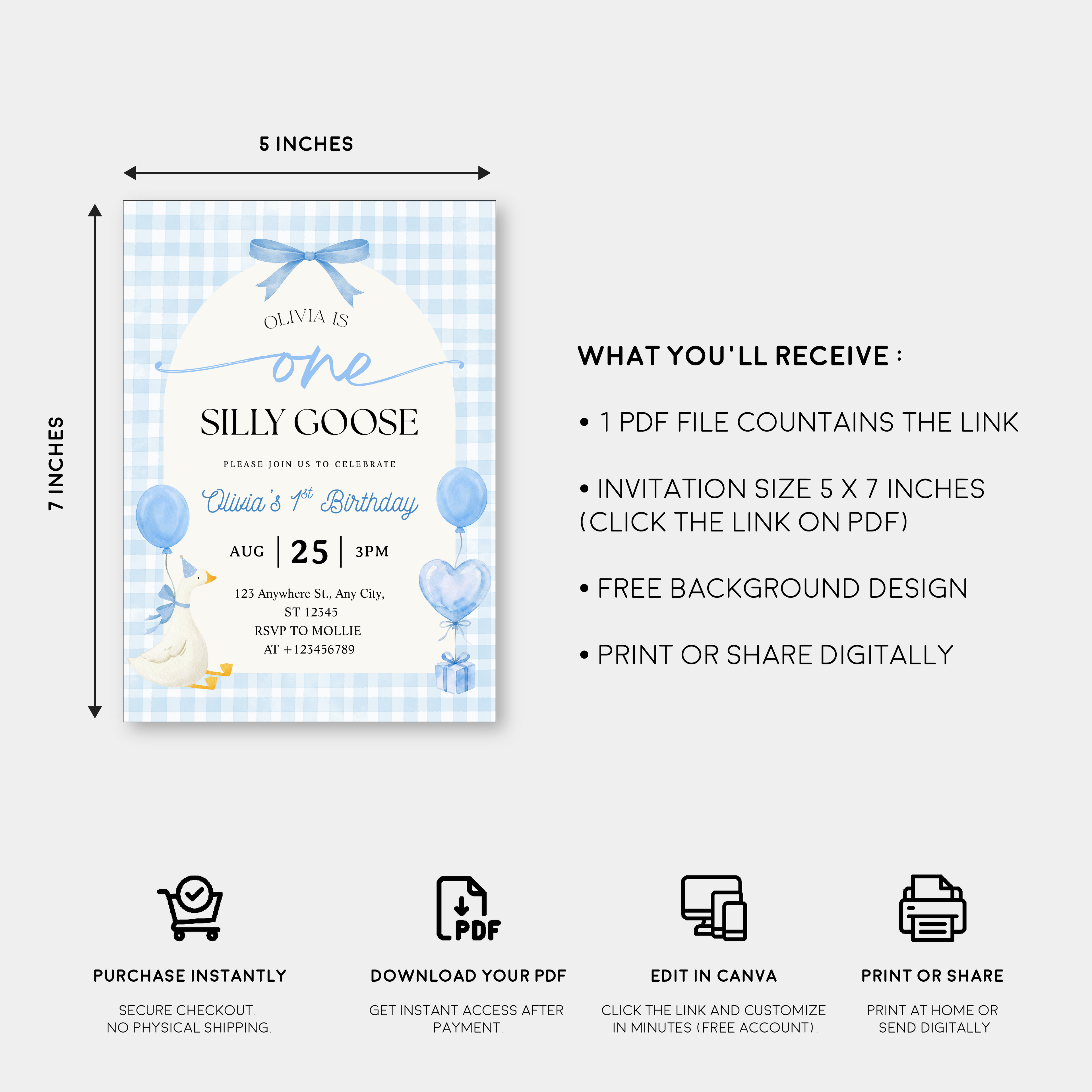 Editable One Silly Goose 1st Birthday Invitation | Blue Bow Gingham Canva Template – Instant Download