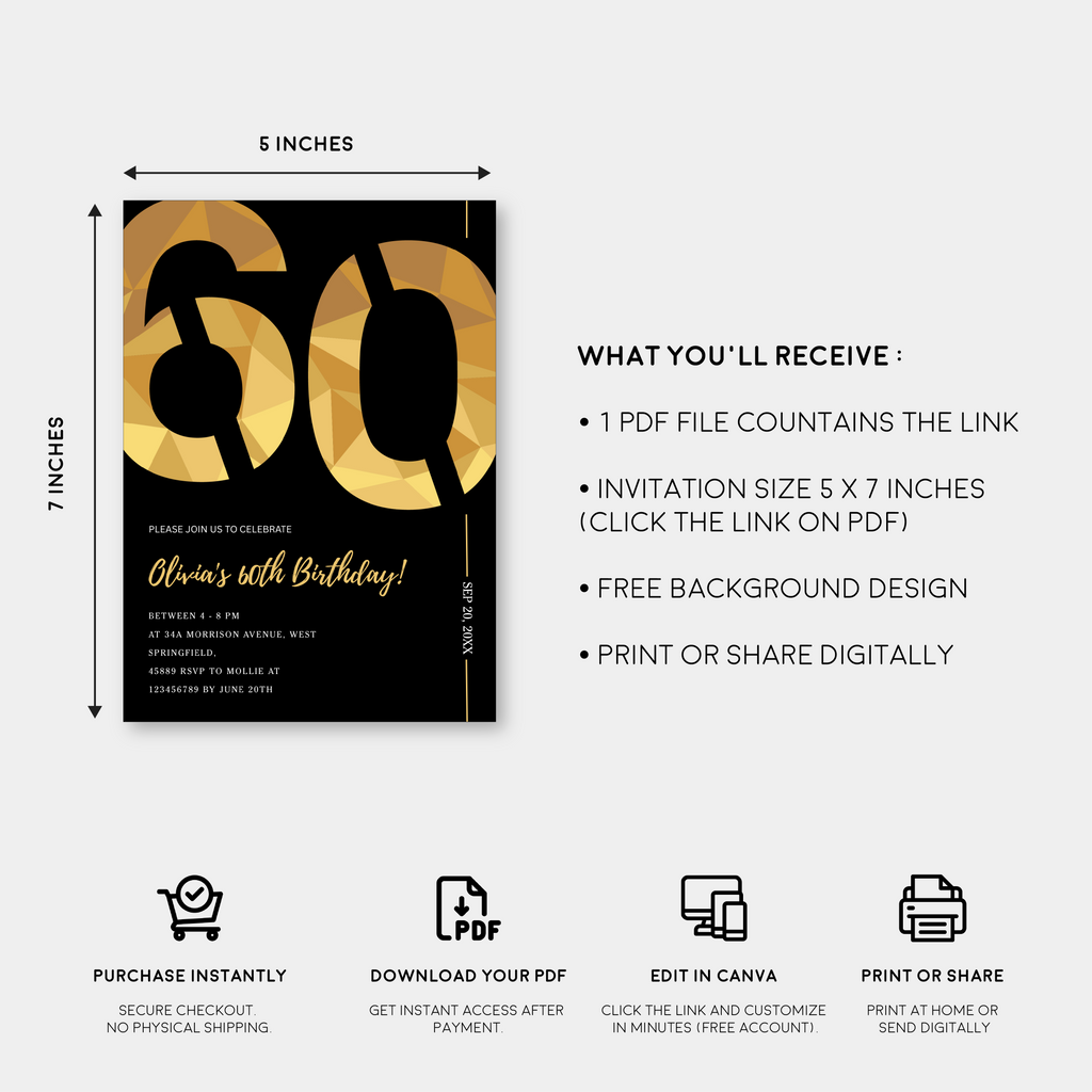 Elegant Black & Gold 60th Birthday Invitation Template | Editable Birthday Party Invite | Instant Download Canva