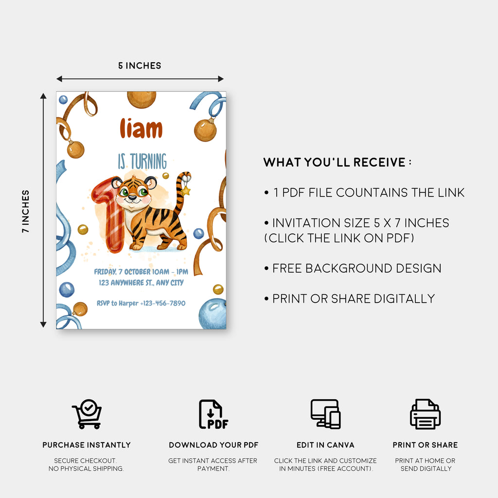 Wild & Cute Tiger 1st Birthday Invitation – Editable Canva Template