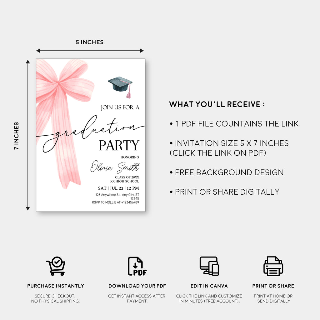 Pink Bow Graduation Party Invitation – Editable Canva Template