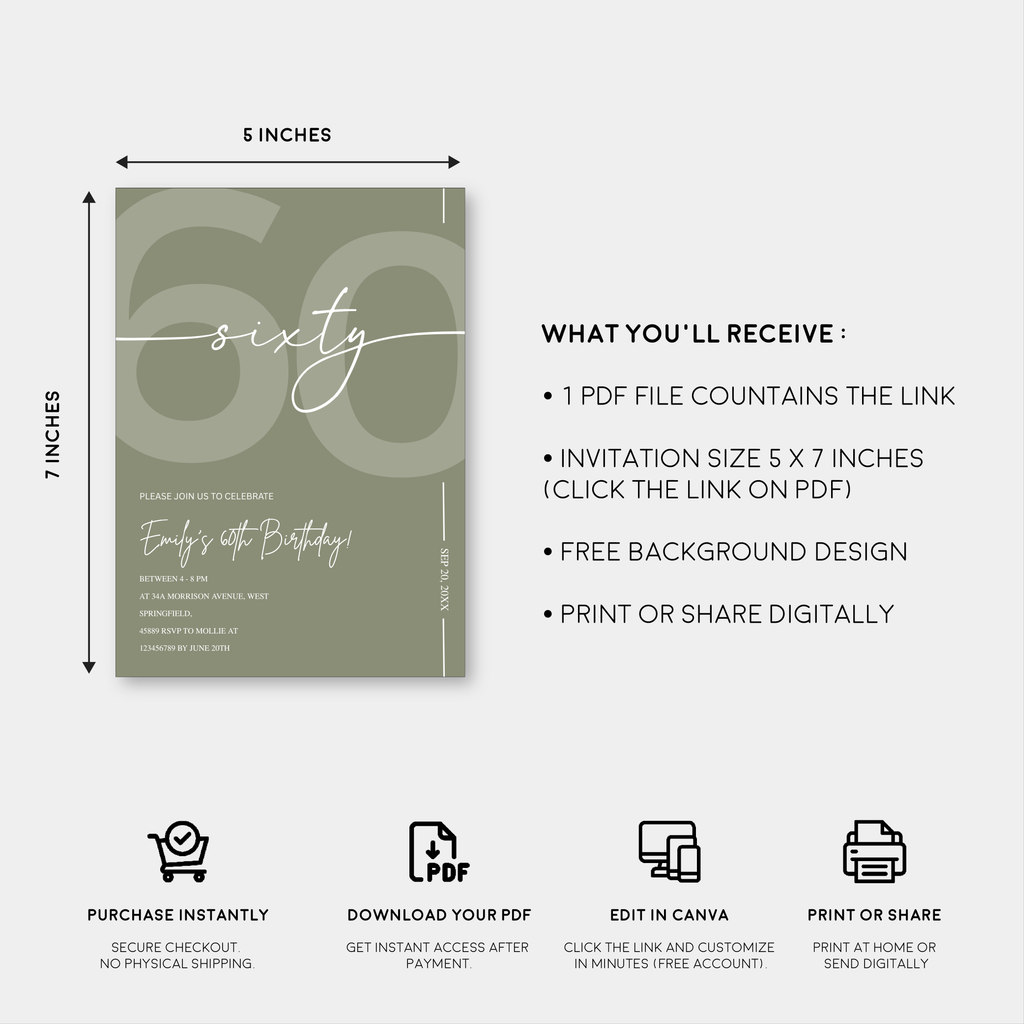 Elegant Sage Green 60th Birthday Invitation Template | Minimalist Sixty Milestone Party Invite | Editable & Instant Download