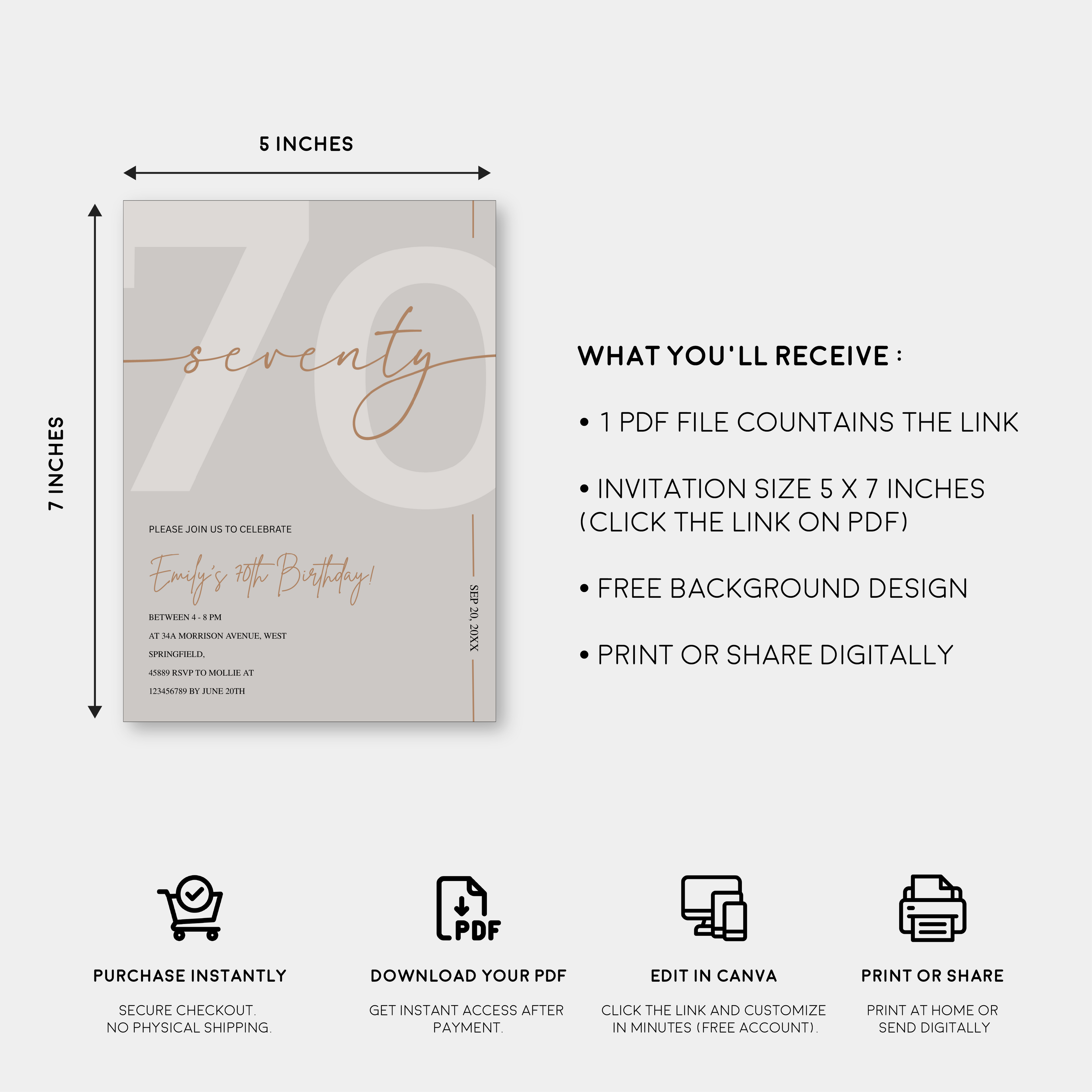 Modern Beige & Gold 70th Birthday Invitation – Editable Canva Template