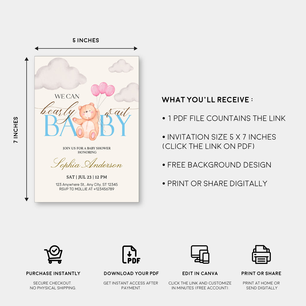 We Can Bearly Wait Pink & Blue Teddy Bear Baby Shower Invitation – Editable Canva Template