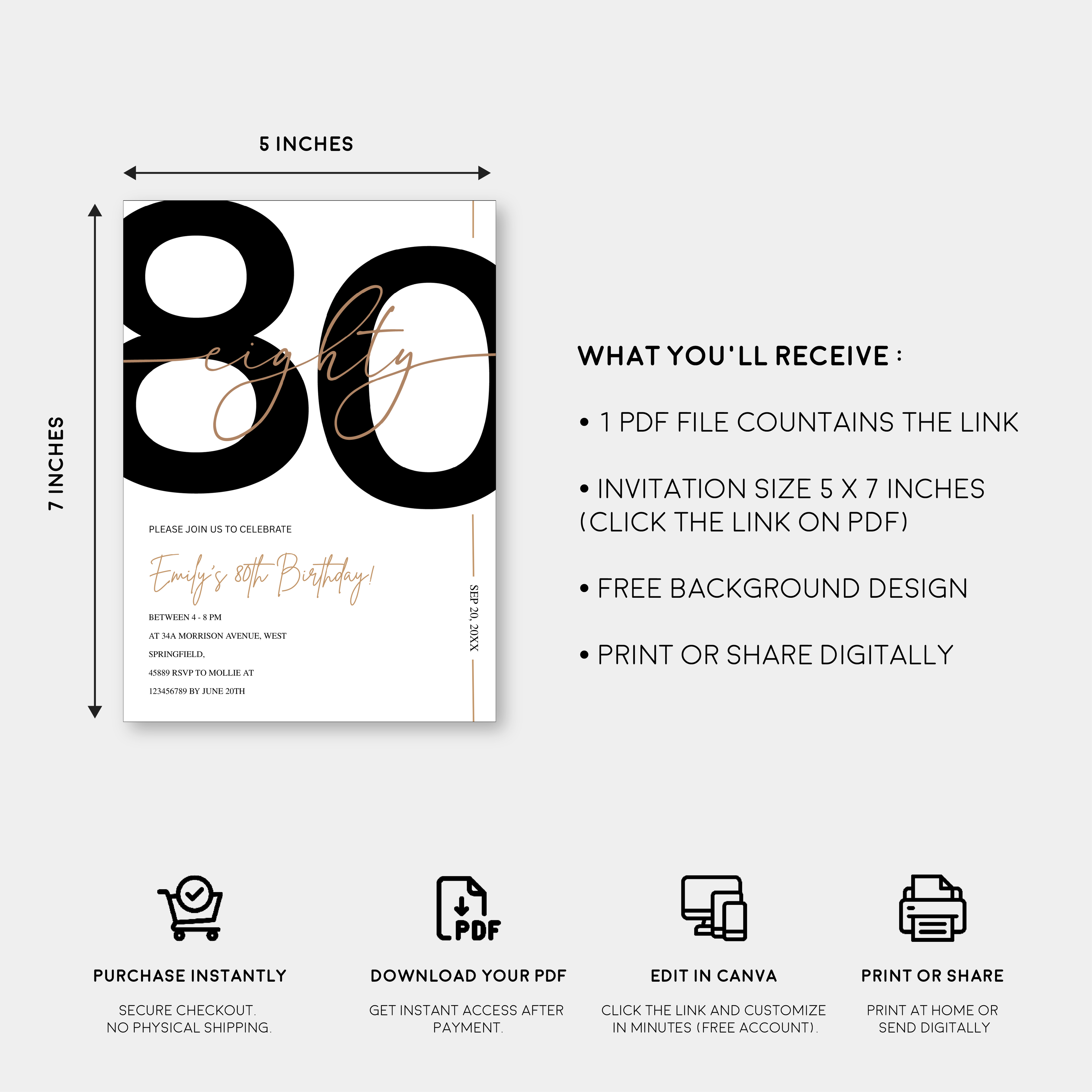 Modern Minimalist White & Gold 80th Birthday Party Invitation – Editable Canva Template