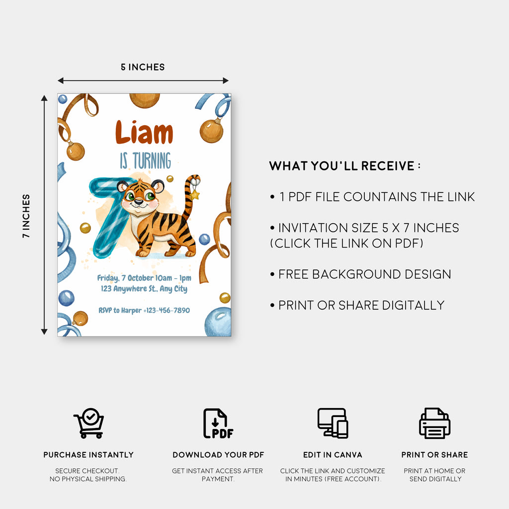 Wild & Cute Tiger 7th Birthday Invitation – Editable Canva Template