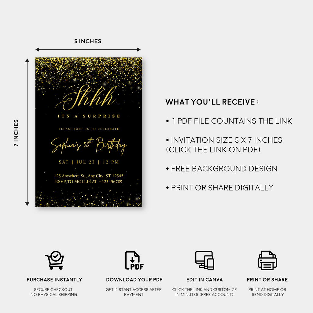 Elegant Black & Gold Surprise Birthday Invitation – Editable Canva Template
