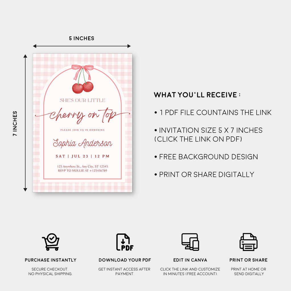 Editable She is the Cherry on Top Baby Shower Invitation | Gingham Cherry Canva Template – Instant Download