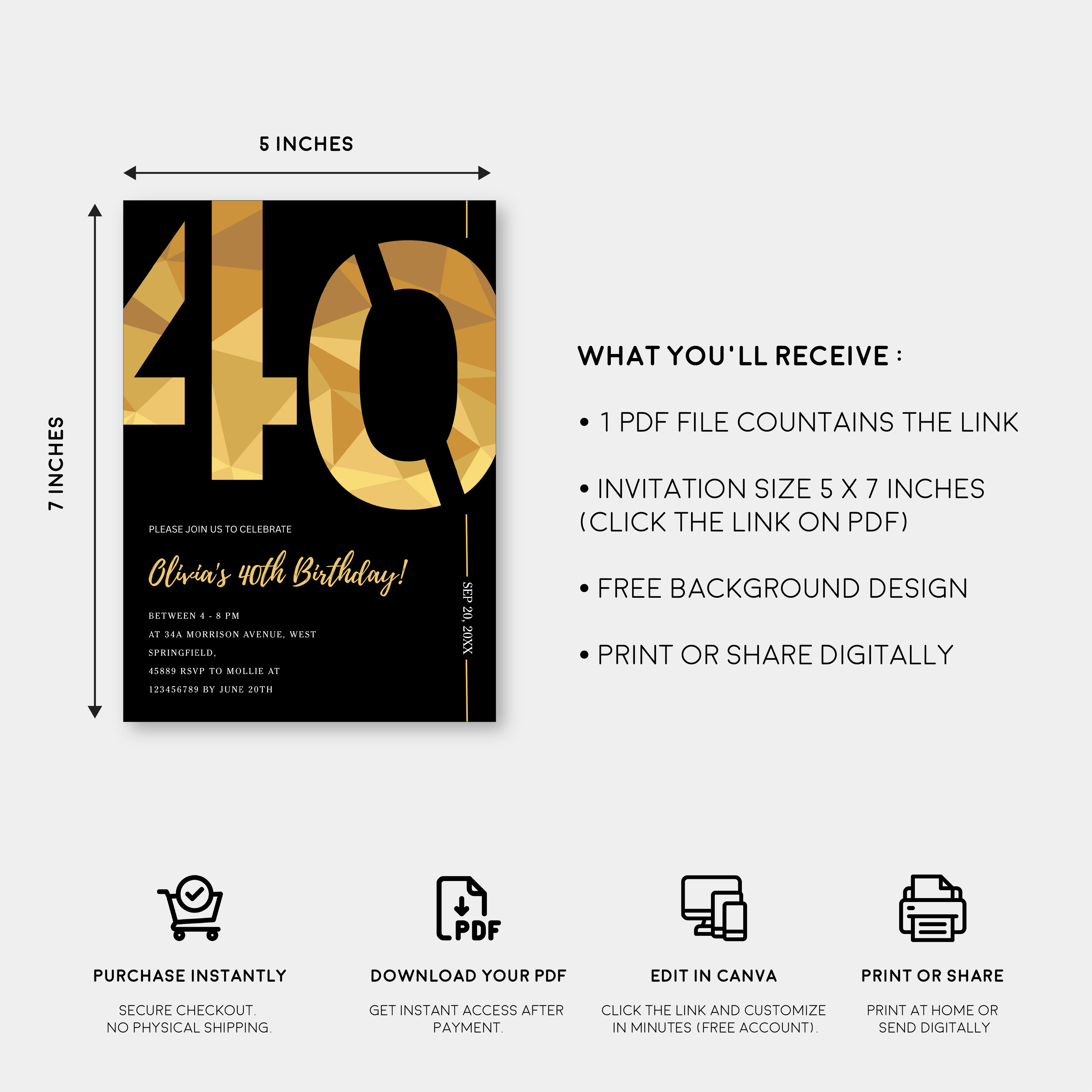 Elegant Black & Gold 40th Birthday Invitation Template | Editable Birthday Party Invite | Instant Download Canva