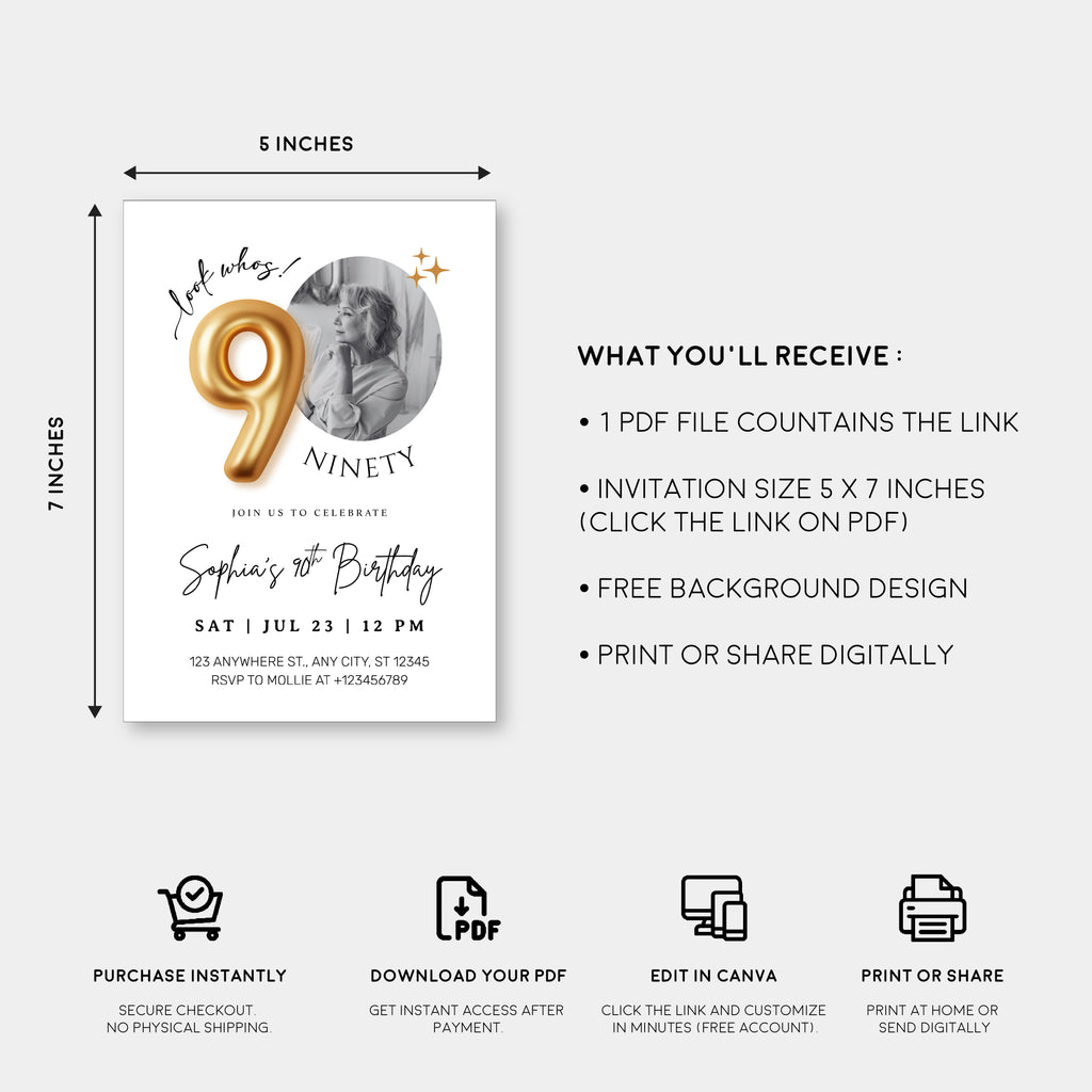 Modern Minimalist 90th Birthday Gold Balloon Photo Invitation Template | Elegant Milestone Party Invite | Editable & Instant Download