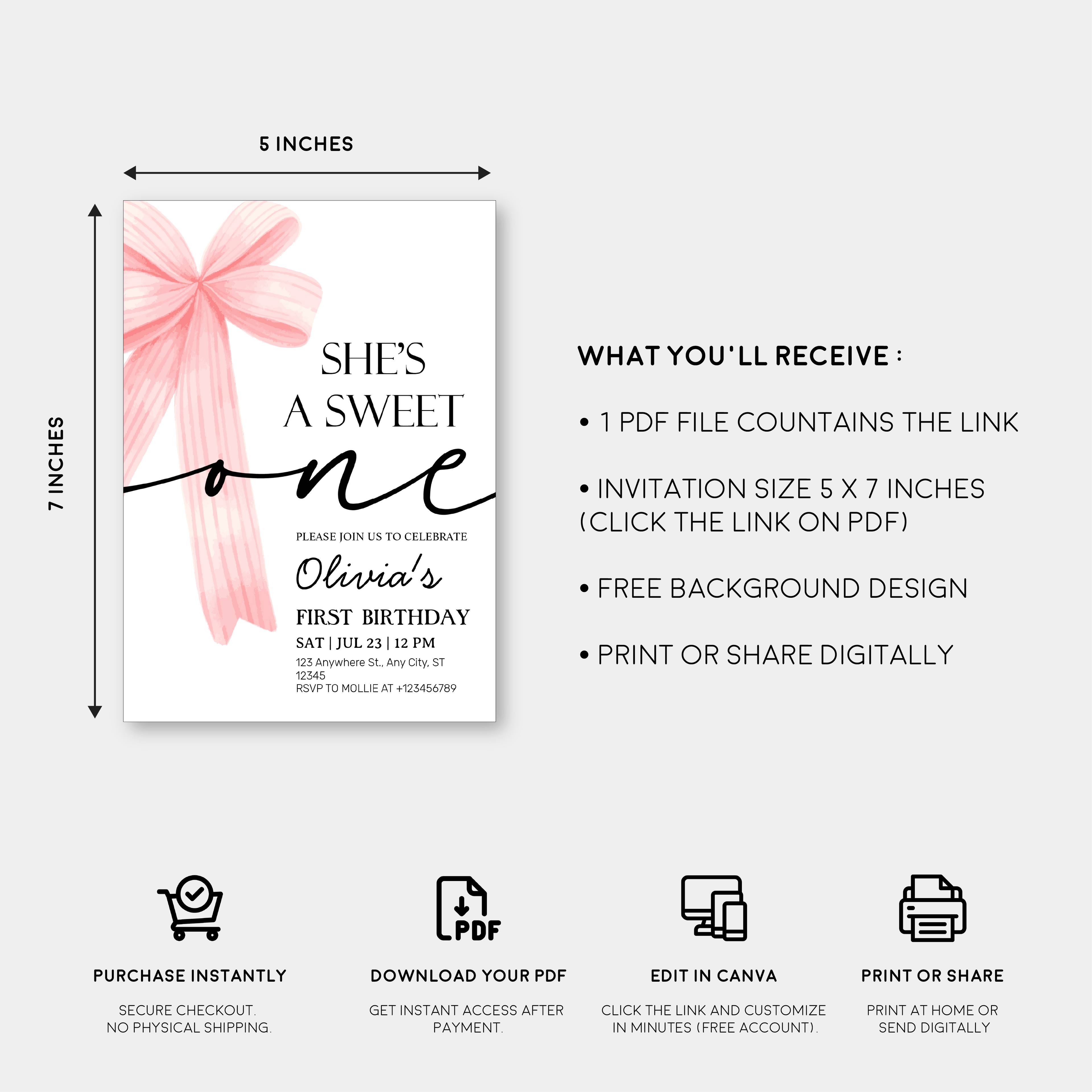 Pink Bow 1st Birthday Invitation – Editable Canva Template