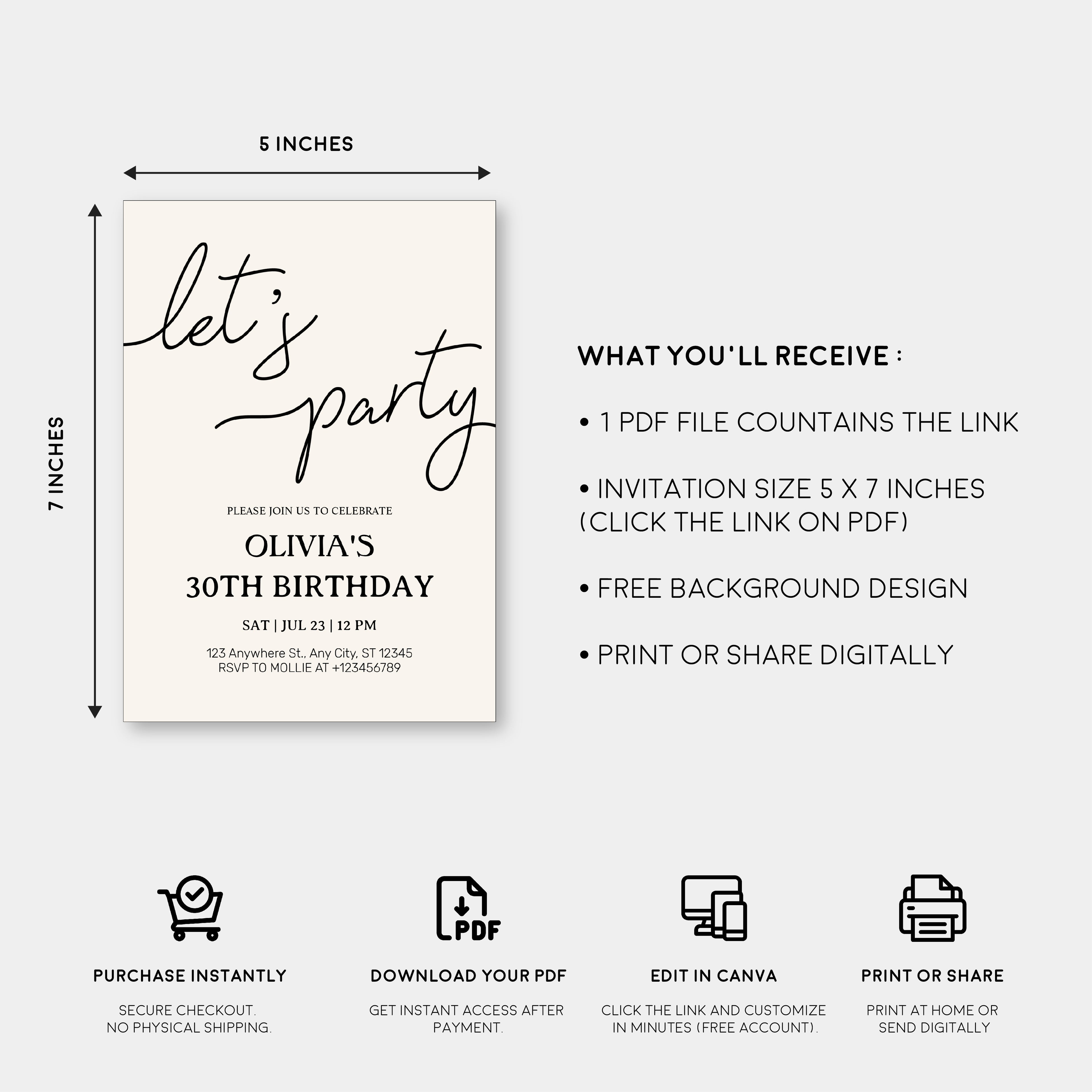 Modern Minimalist Lets Party Birthday Invitation – Editable Canva Template