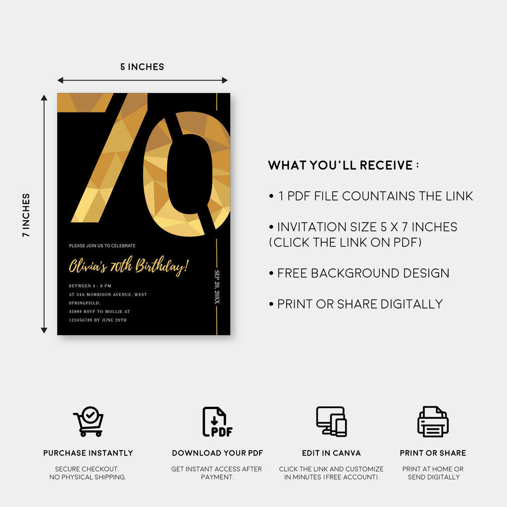 Elegant Black & Gold 70th Birthday Invitation Template | Editable Birthday Party Invite | Instant Download Canva
