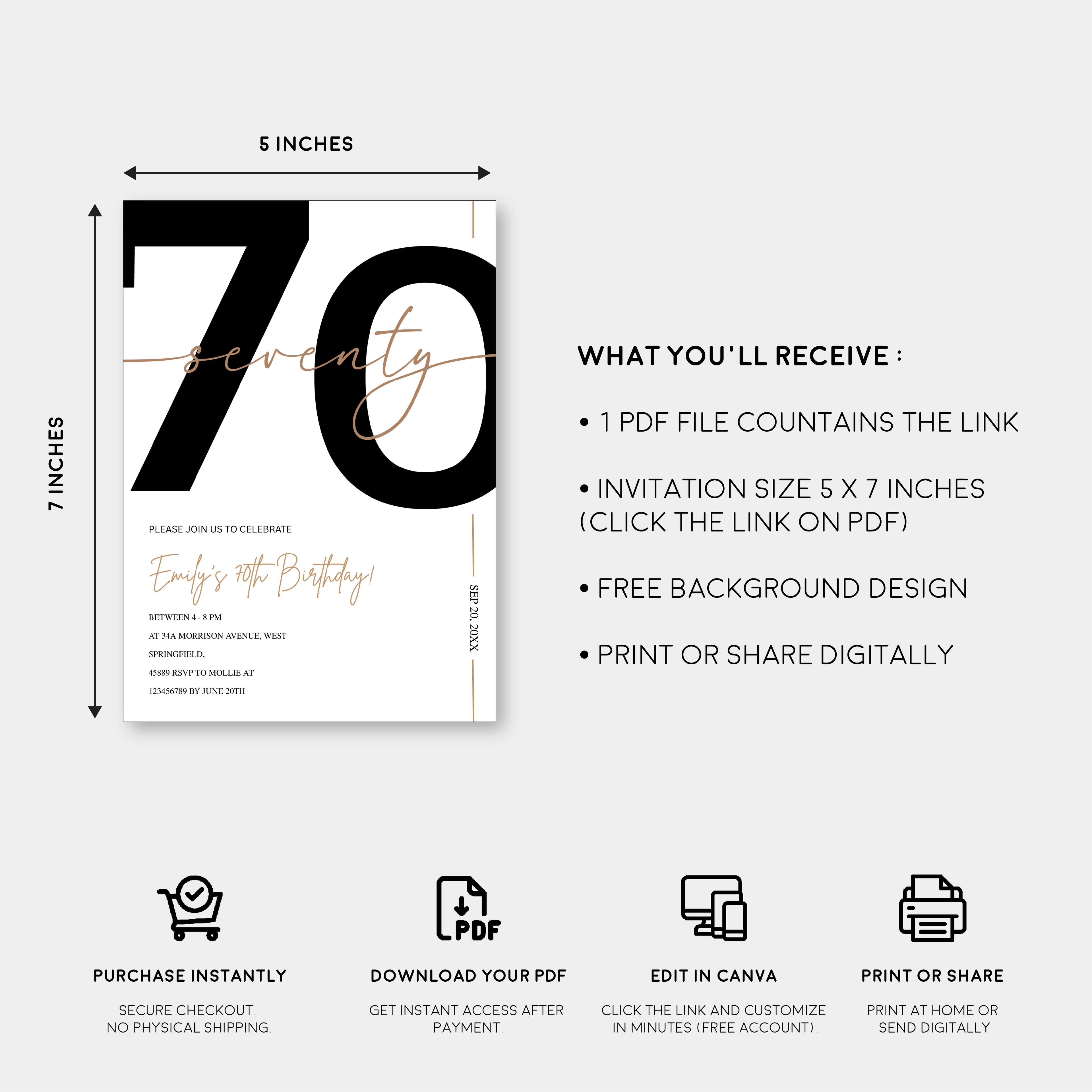 Modern Minimalist White & Gold 70th Birthday Party Invitation – Editable Canva Template