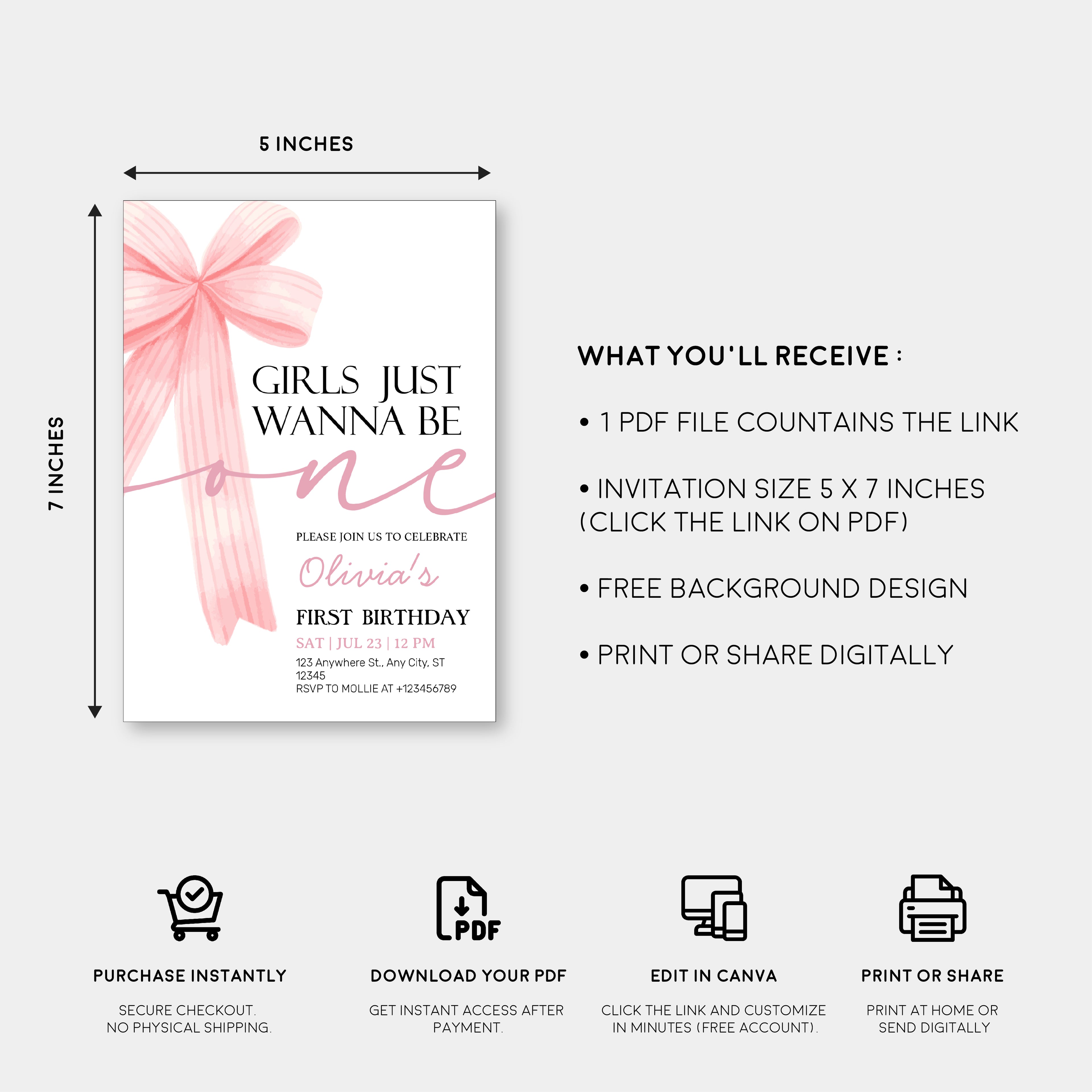 Girls Just Wanna Be One Pink Bow 1st Birthday Invitation – Editable Canva Template
