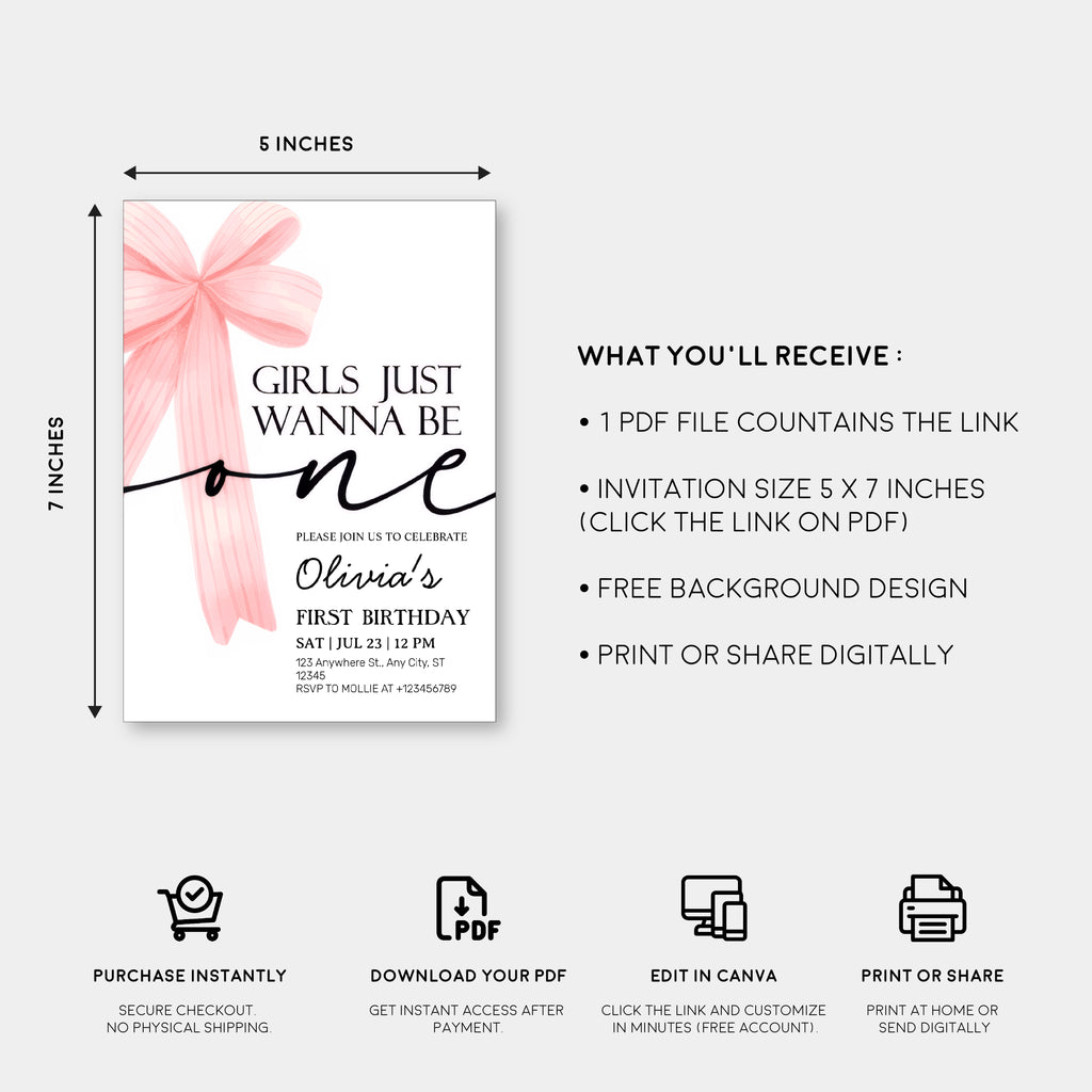 Girls Just Wanna Be One Pink Bow 1st Birthday Invitation – Editable Canva Template
