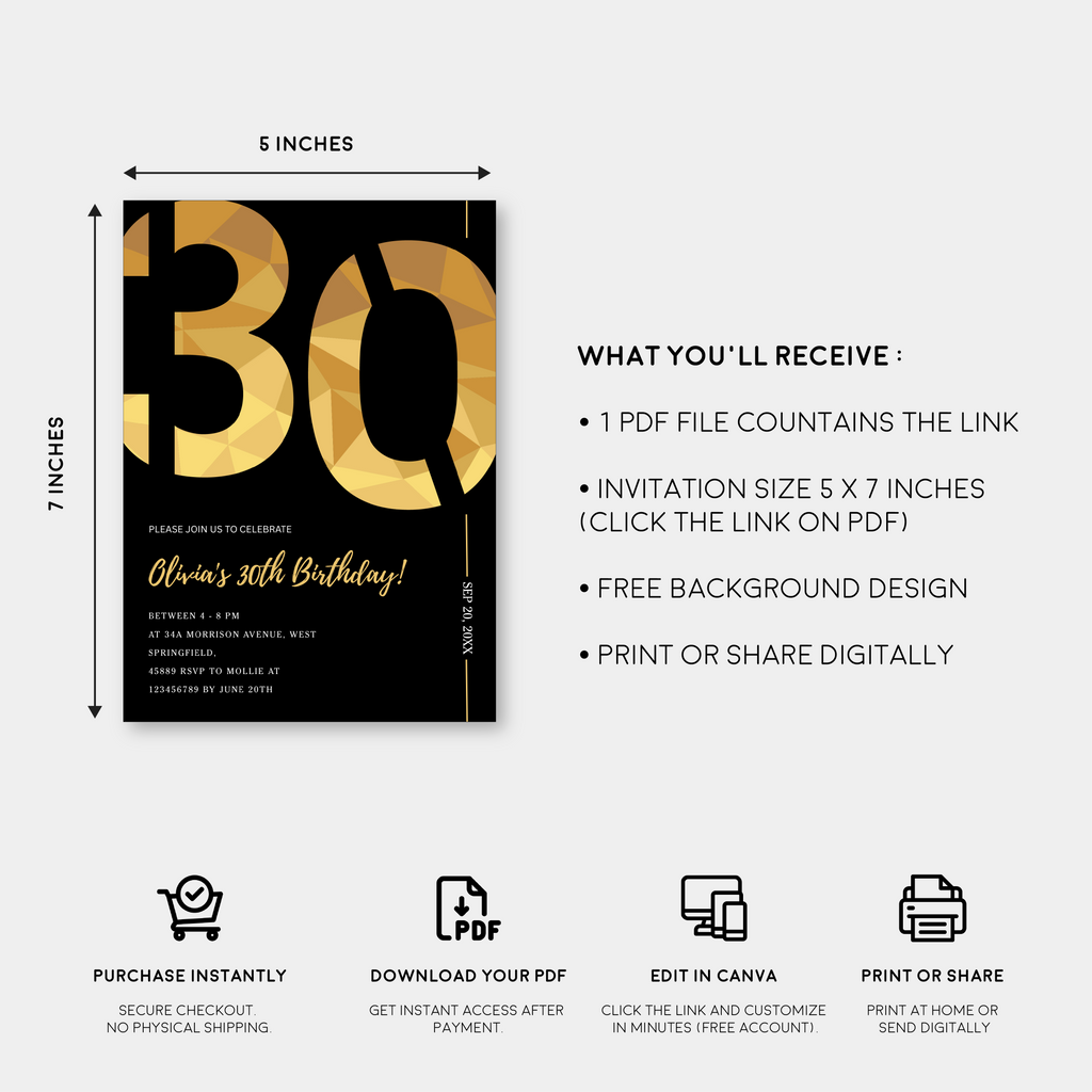 Elegant Black & Gold 30th Birthday Invitation Template | Editable Birthday Party Invite | Instant Download Canva