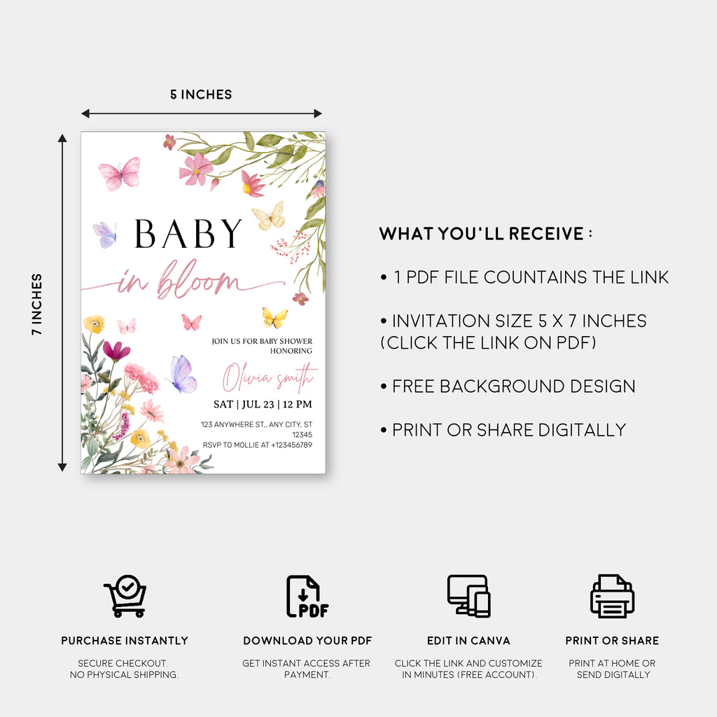 Baby in Bloom Wildflower Baby Shower Invitation Template | Editable Floral Garden Baby Shower Invite | Printable Boho Spring Baby Shower