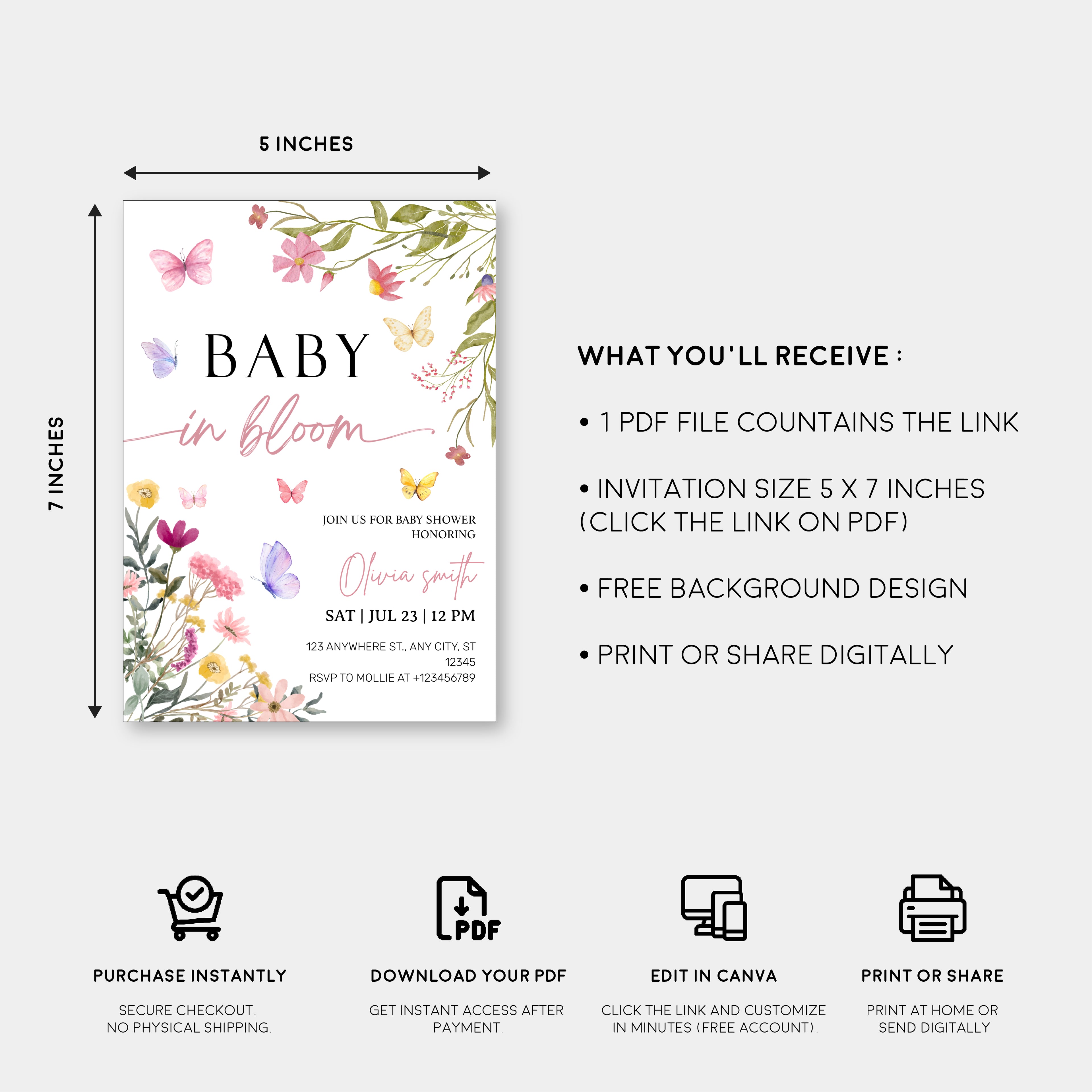 Baby in Bloom Wildflower Baby Shower Invitation Template | Editable Floral Garden Baby Shower Invite | Printable Boho Spring Baby Shower