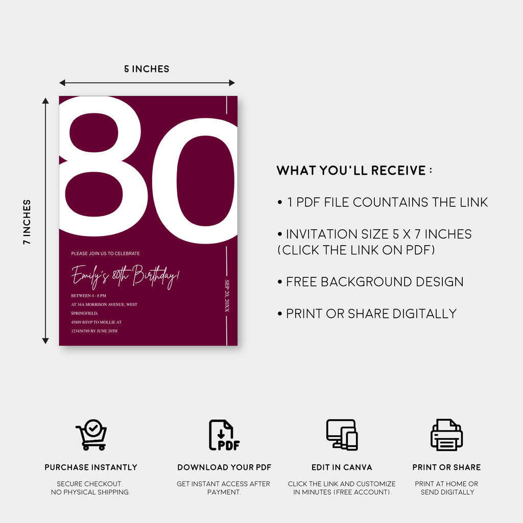 Elegant Burgundy 80th Birthday Invitation Template | Chic Eighty Milestone Party Invite | Editable & Instant Download