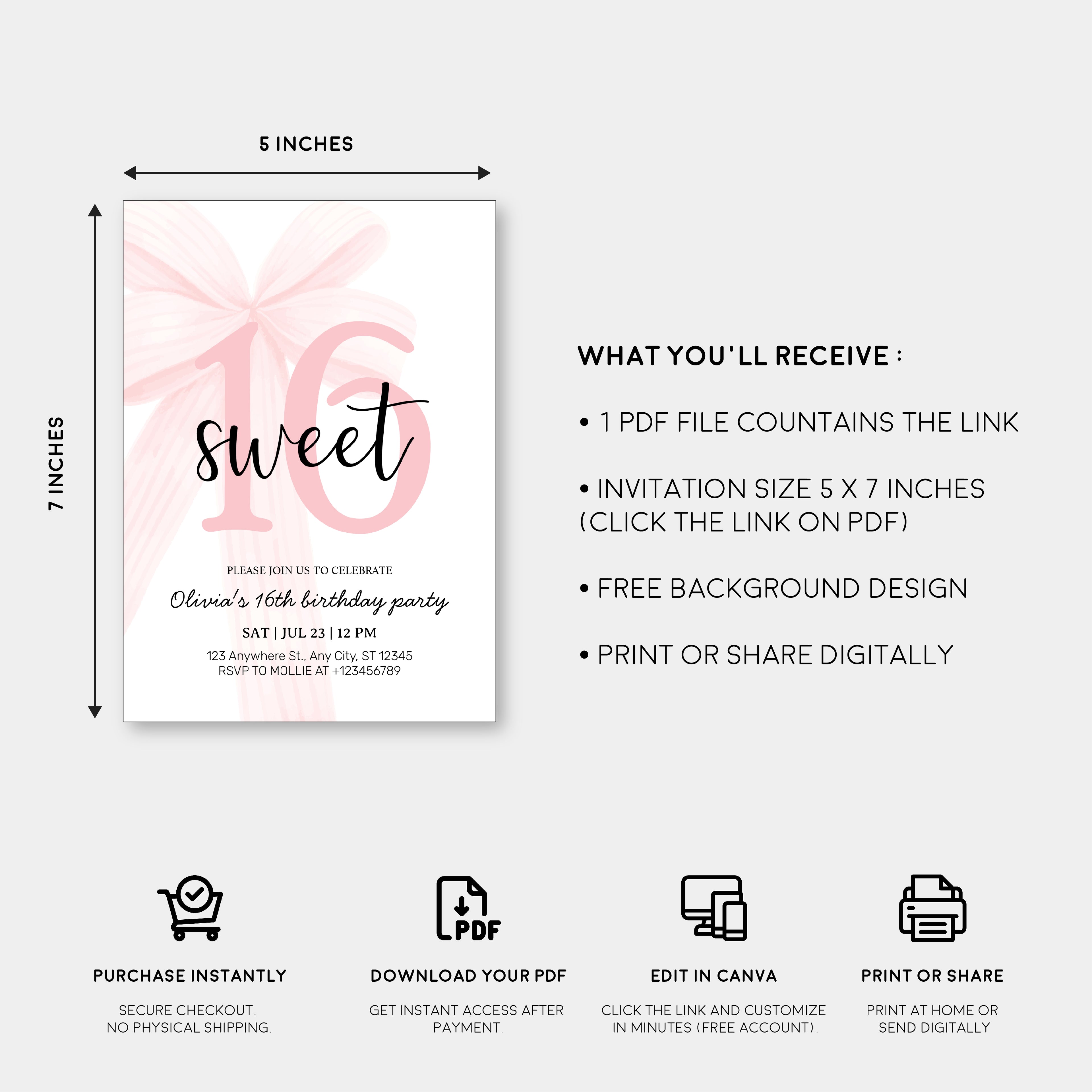 Elegant Pink Coquette Bow Sweet 16 Birthday Invitation – Editable Canva Template