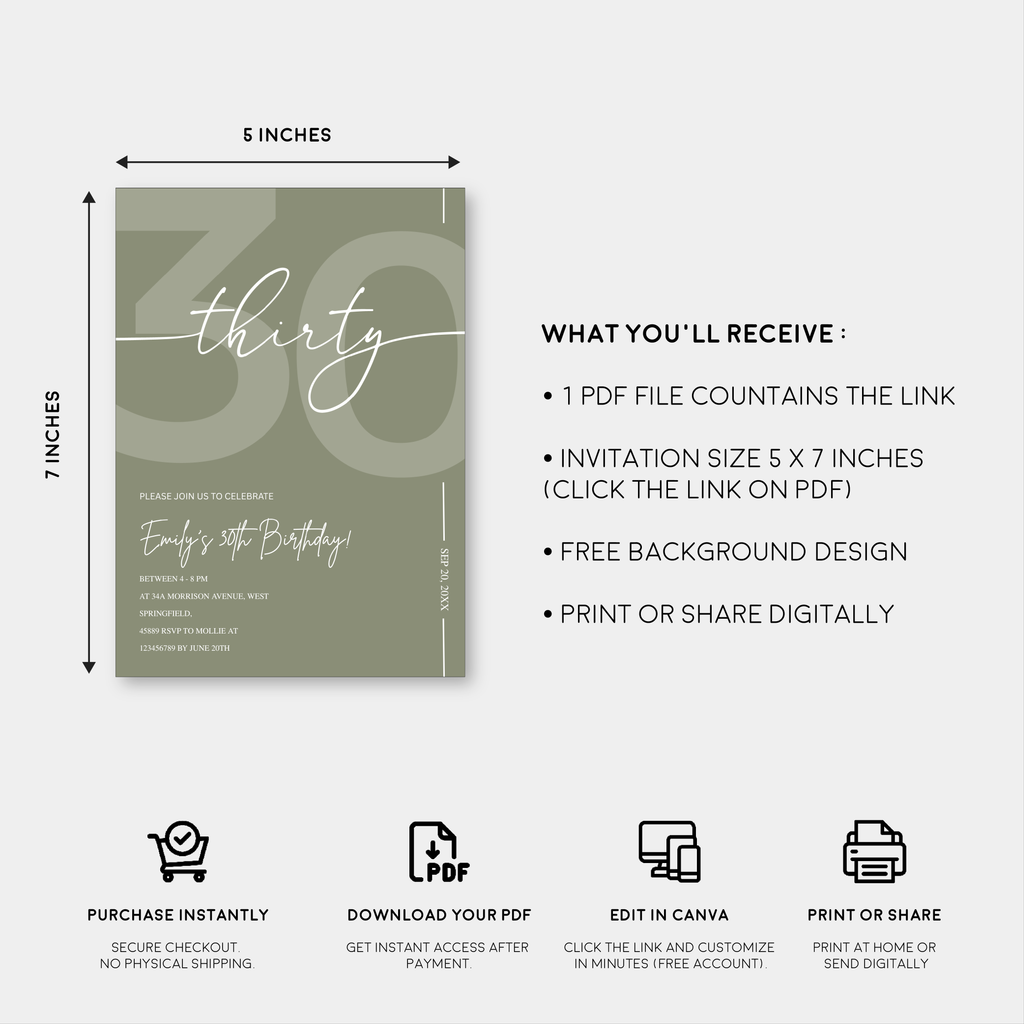 Elegant Sage Green 30th Birthday Invitation Template | Minimalist Thirty Milestone Party Invite | Editable & Instant Download