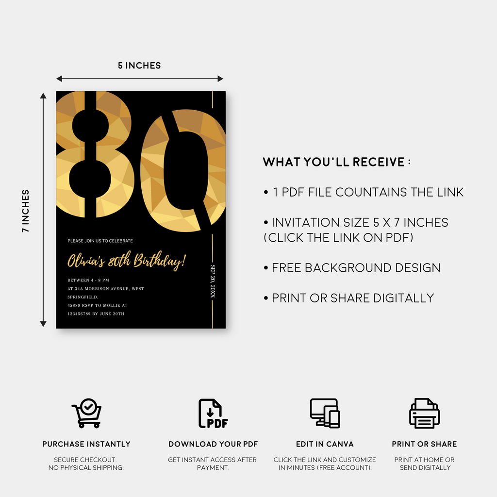Elegant Black & Gold 80th Birthday Invitation Template | Editable Birthday Party Invite | Instant Download Canva