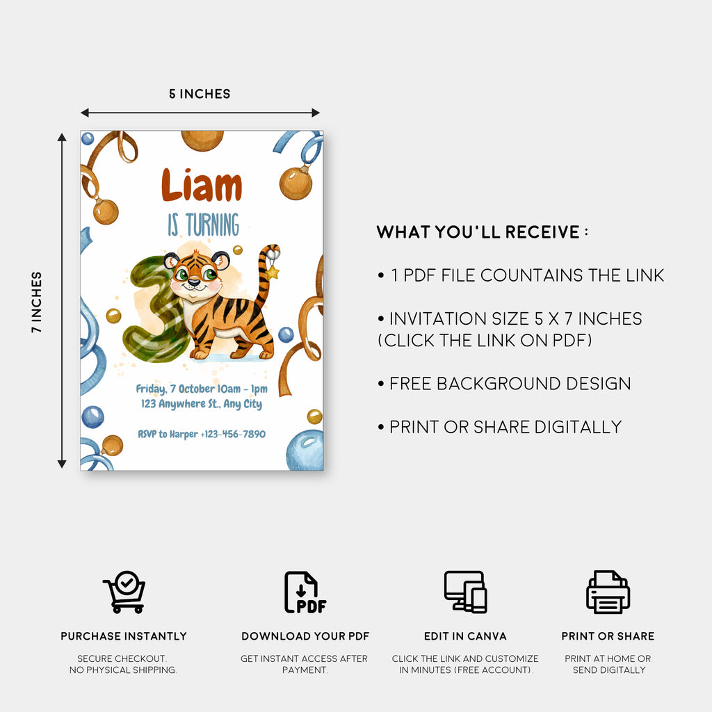 Wild & Cute Tiger 3rd Birthday Invitation – Editable Canva Template