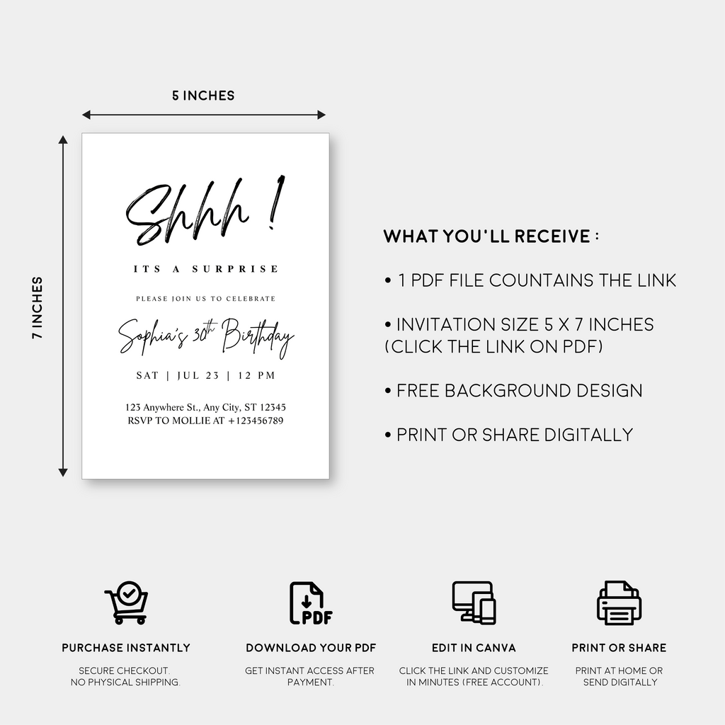Elegant Black Calligraphy Surprise Party Invitation – Editable Canva Template