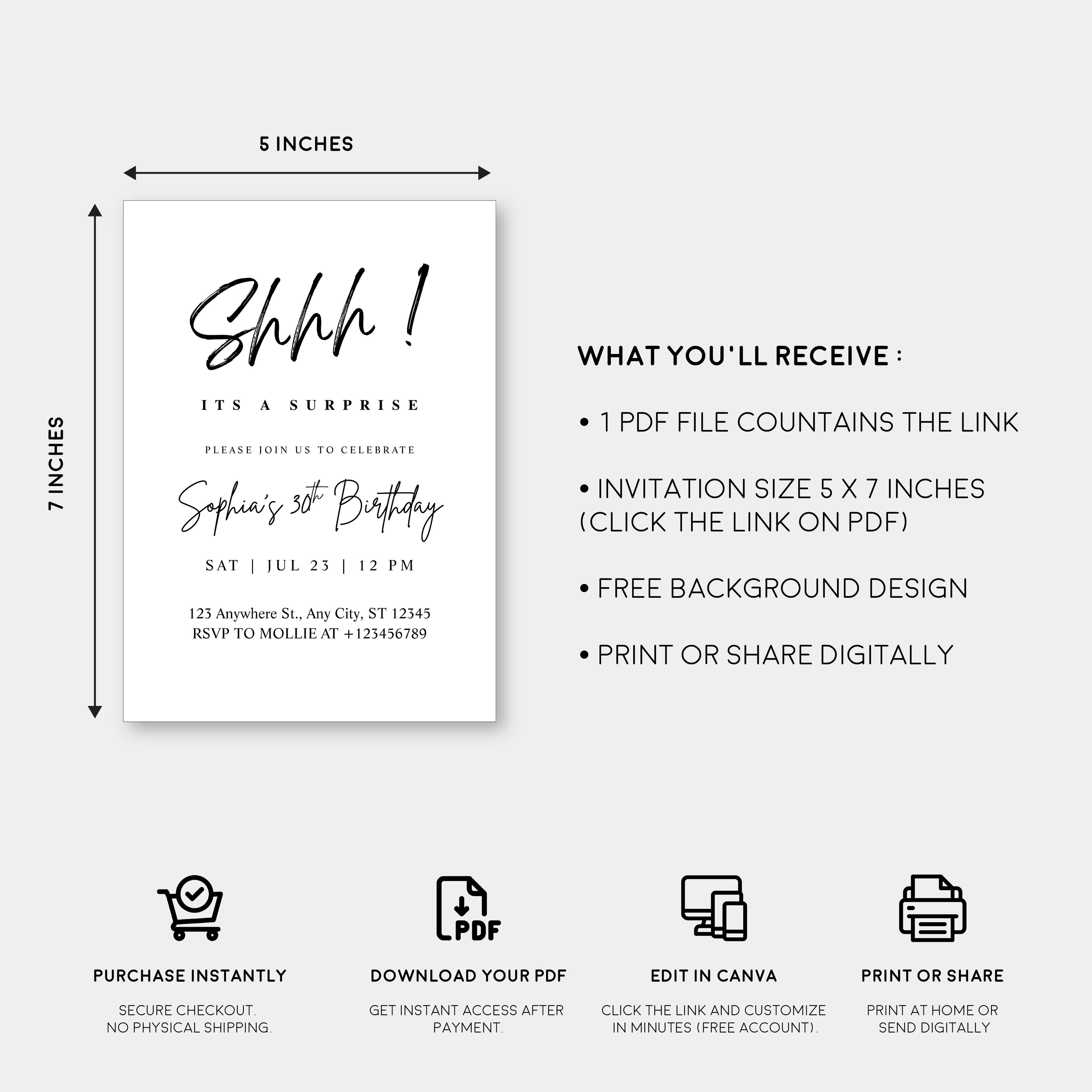 Elegant Black Calligraphy Surprise Party Invitation – Editable Canva Template