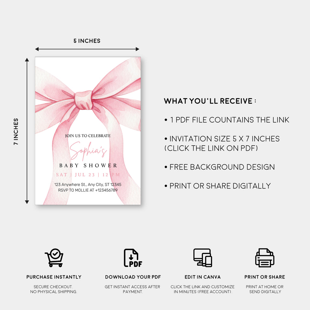 Elegant Pink Bow Girl Baby Shower Invitation – Editable Canva Template