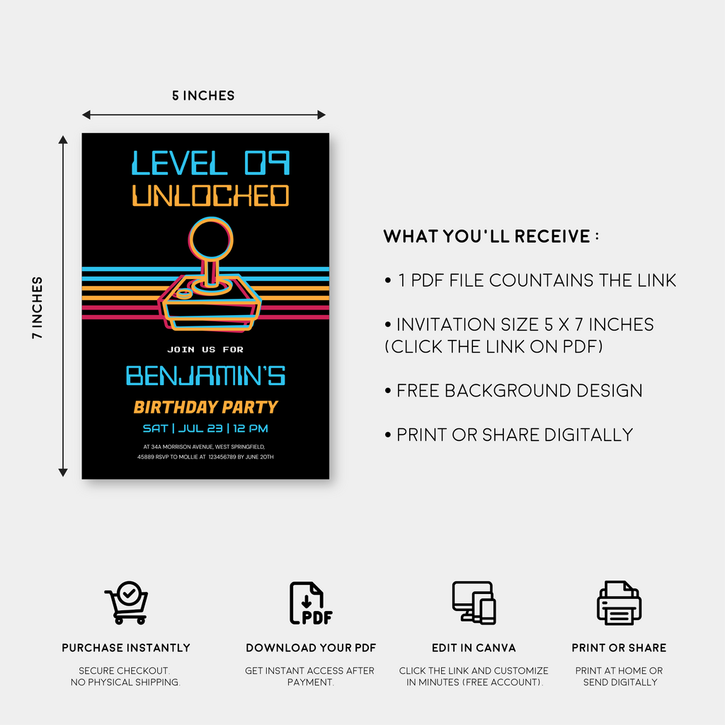 Retro Gamer Birthday Invitation Template | Video Game Party Invite for Boys | Editable Canva Instant Download