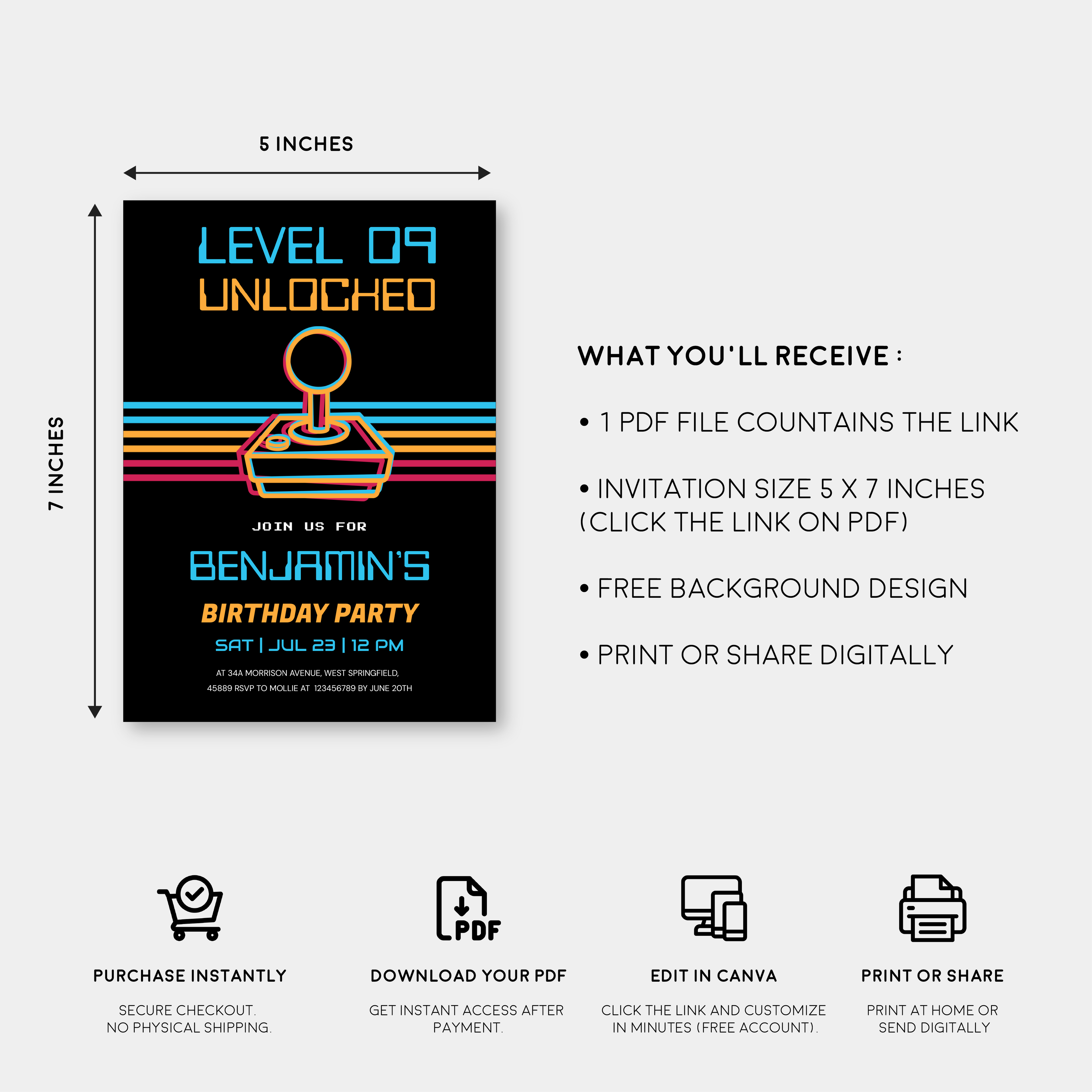 Retro Gamer Birthday Invitation Template | Video Game Party Invite for Boys | Editable Canva Instant Download