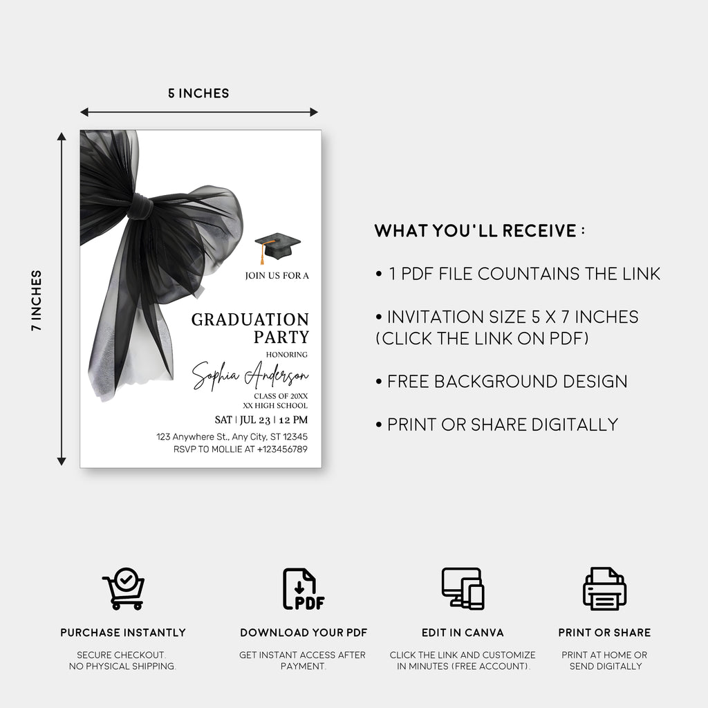Elegant Black Bow Graduation Party Invitation – Editable Canva Template
