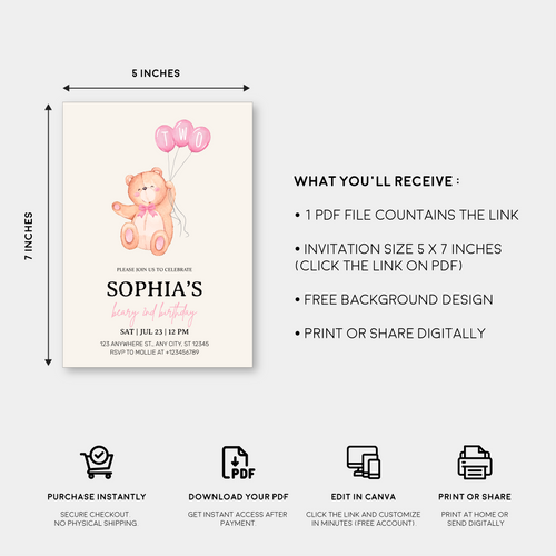 Beary Pink Balloon 2nd Birthday Teddy Invitation – Editable Canva Template