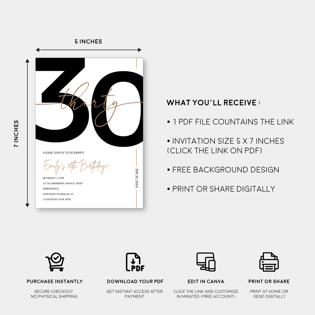 Modern Minimalist White & Gold 30th Birthday Party Invitation – Editable Canva Template